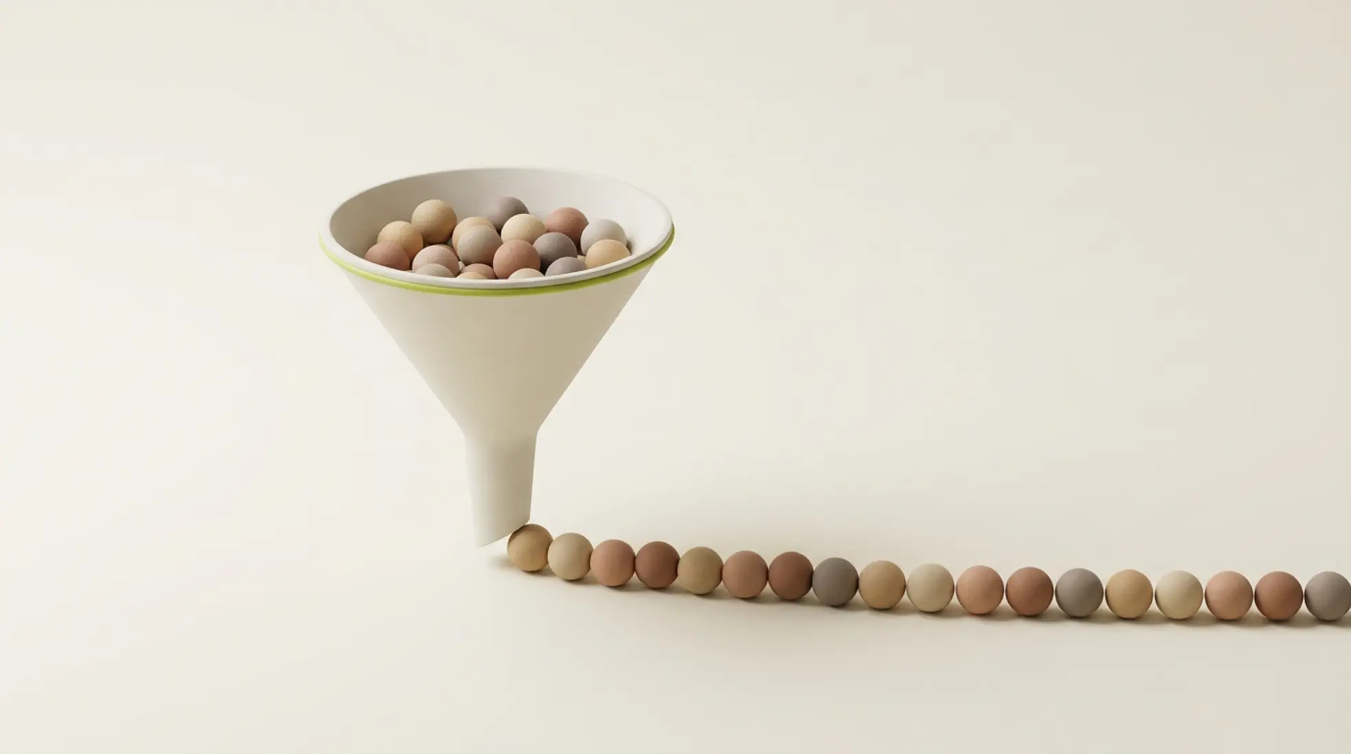 3D render van matte trechter die gekleurde bolletjes netjes op een rij sorteert minimalistisch en rustig symbool voor eerlijk werven