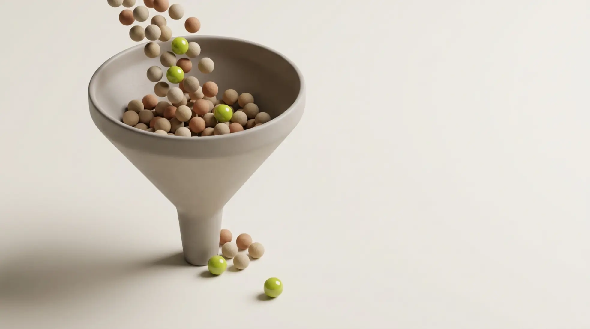 3D render van een grijze trechter met knikkers in zandtinten en enkele limegroene die eruit rollen op een rustige lichte achtergrond