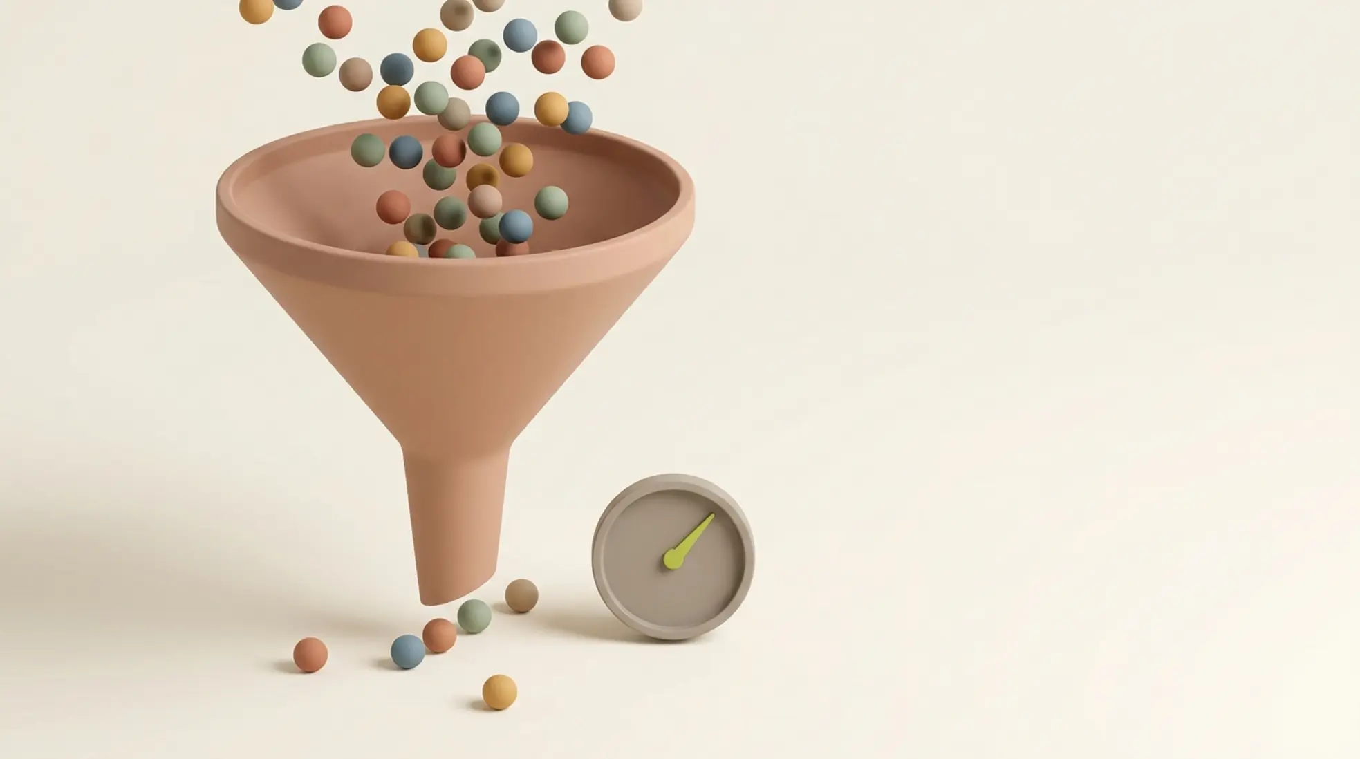 3D trechter waar bolletjes van boven instromen en enkele onderaan uitkomen, met kleine KPI-meter, op lichte achtergrond met veel lege ruimte rechts