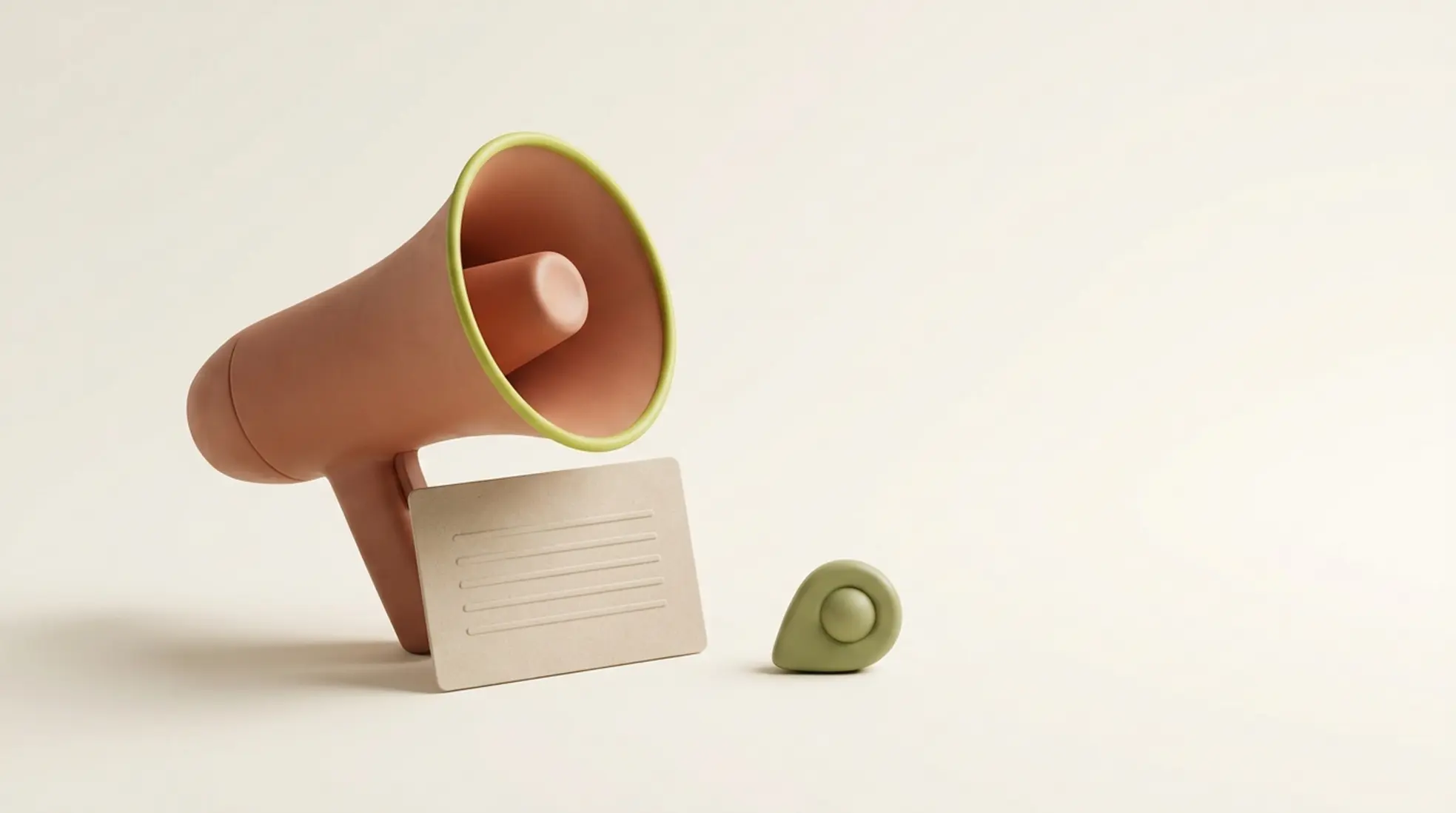 3D render van matte kleikleurige megafoon met checklistkaart en kaartpin op warme achtergrond met veel lege ruimte rechts