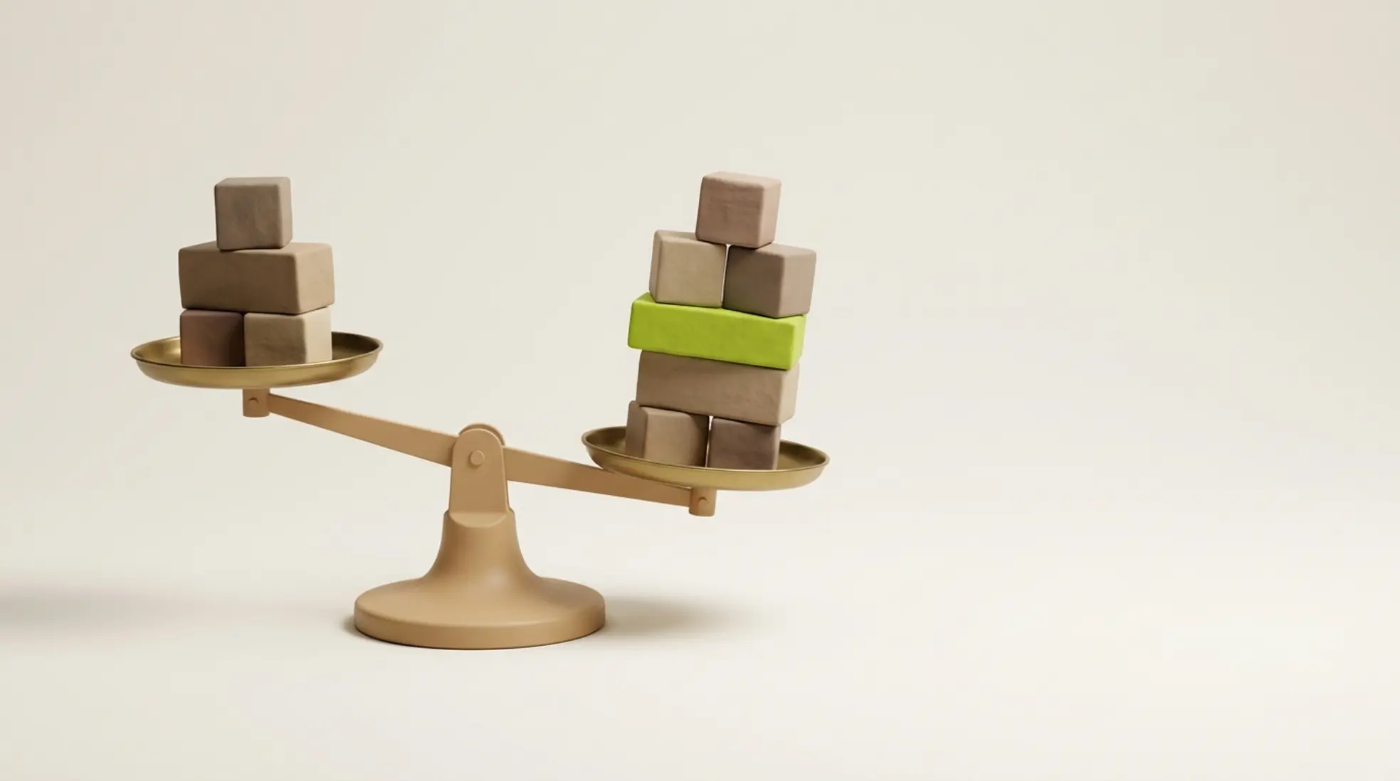 3D render van balansweegschaal met links kleine stapel blokken en rechts grotere stapel die doorweegt in warme minimalistische setting