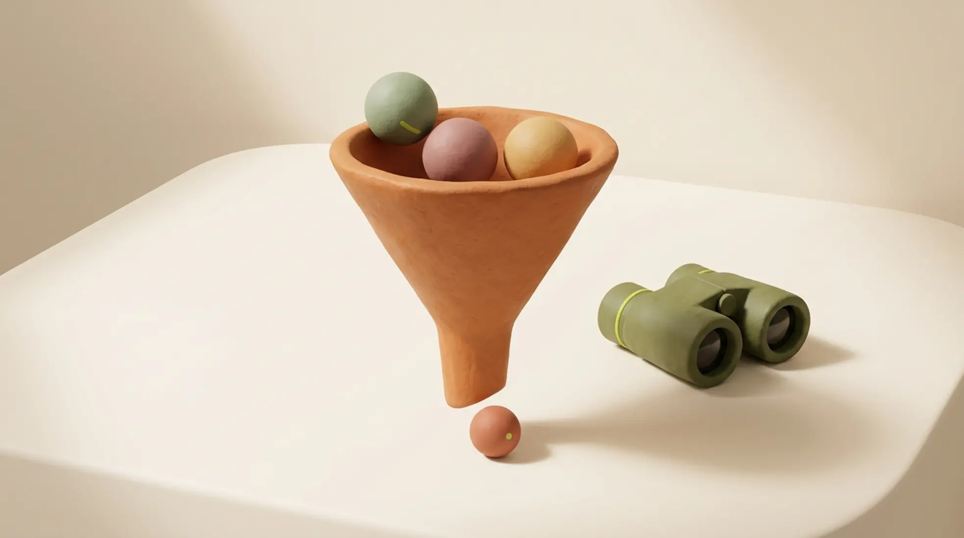 3D scène met kleien trechter en knikkers als hiring pipeline, naast olijfgroene verrekijker, zachte studio belichting en minimalistische achtergrond