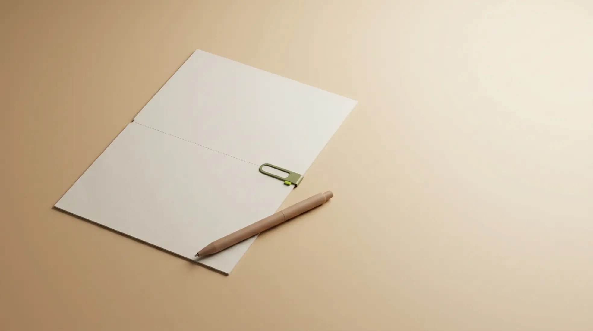 Minimalistische 3D render van mat contract met perforatielijn en pen, subtiele groene clip, zacht licht en veel lege ruimte rechts