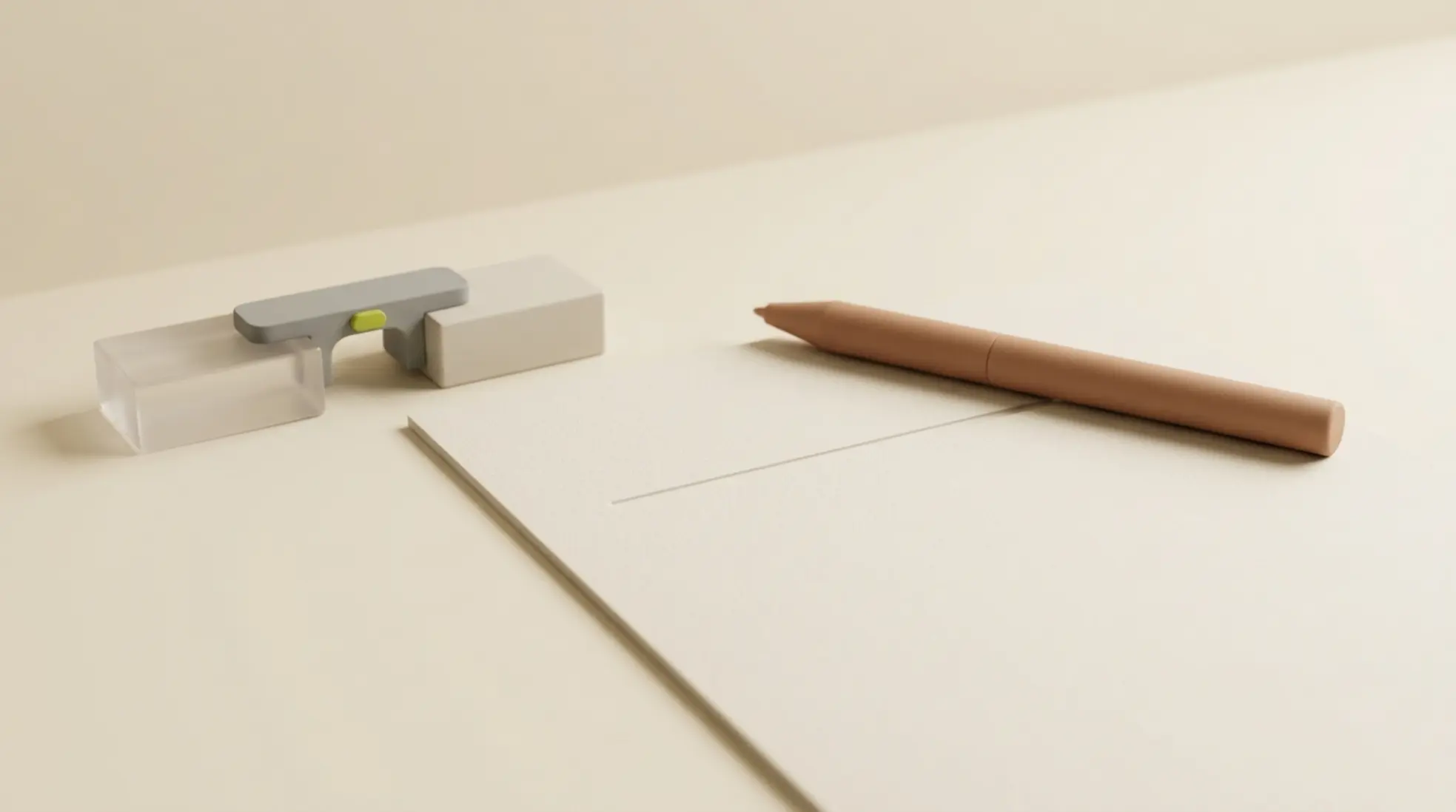 Minimalistische 3D weergave van contract met pen en verbindingsstuk dat overgang van tijdelijk naar vast werk symboliseert in zachte studioverlichting