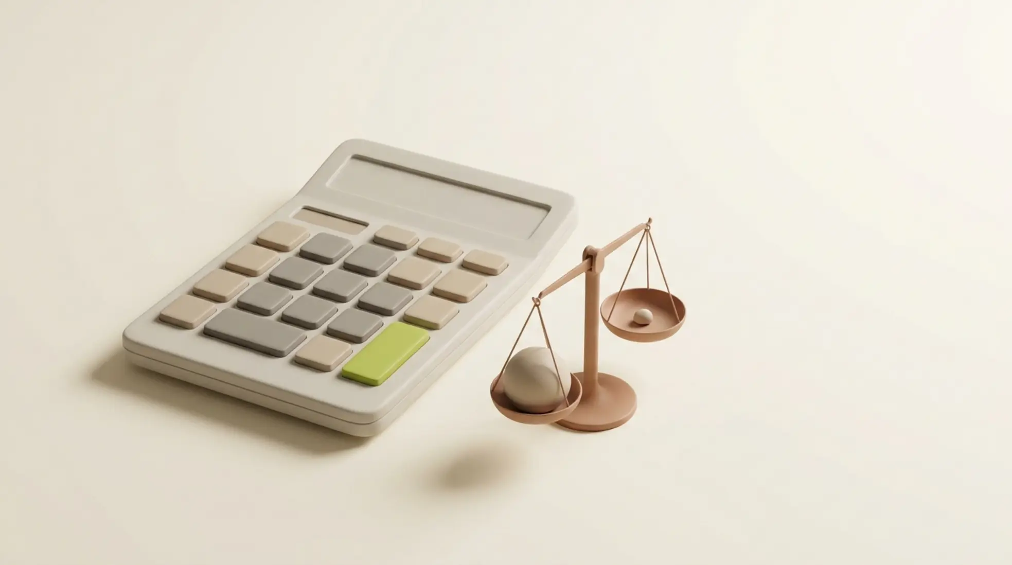 3D render van calculator met één groene knop en balansweegschaal met scheve last, symbool voor hoge kosten en lage winst