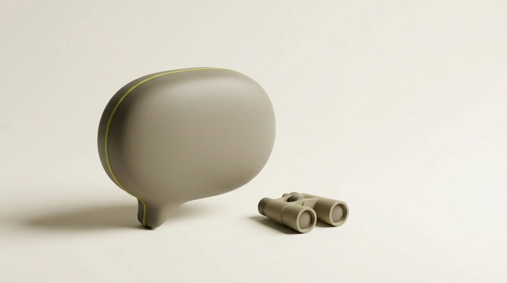 3D render van matte chatballon met verrekijker ernaast, in zachte aardetinten, op lichte achtergrond met veel lege ruimte rechts