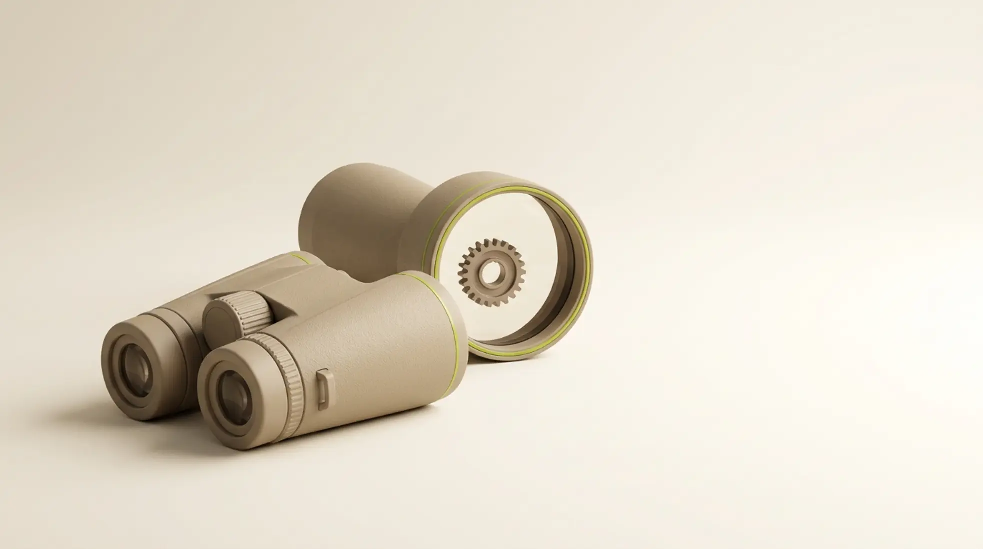 Matte zandkleurige verrekijker links in beeld met klein metalen tandwiel in de zichtlijn en zachte studioverlichting op crème achtergrond