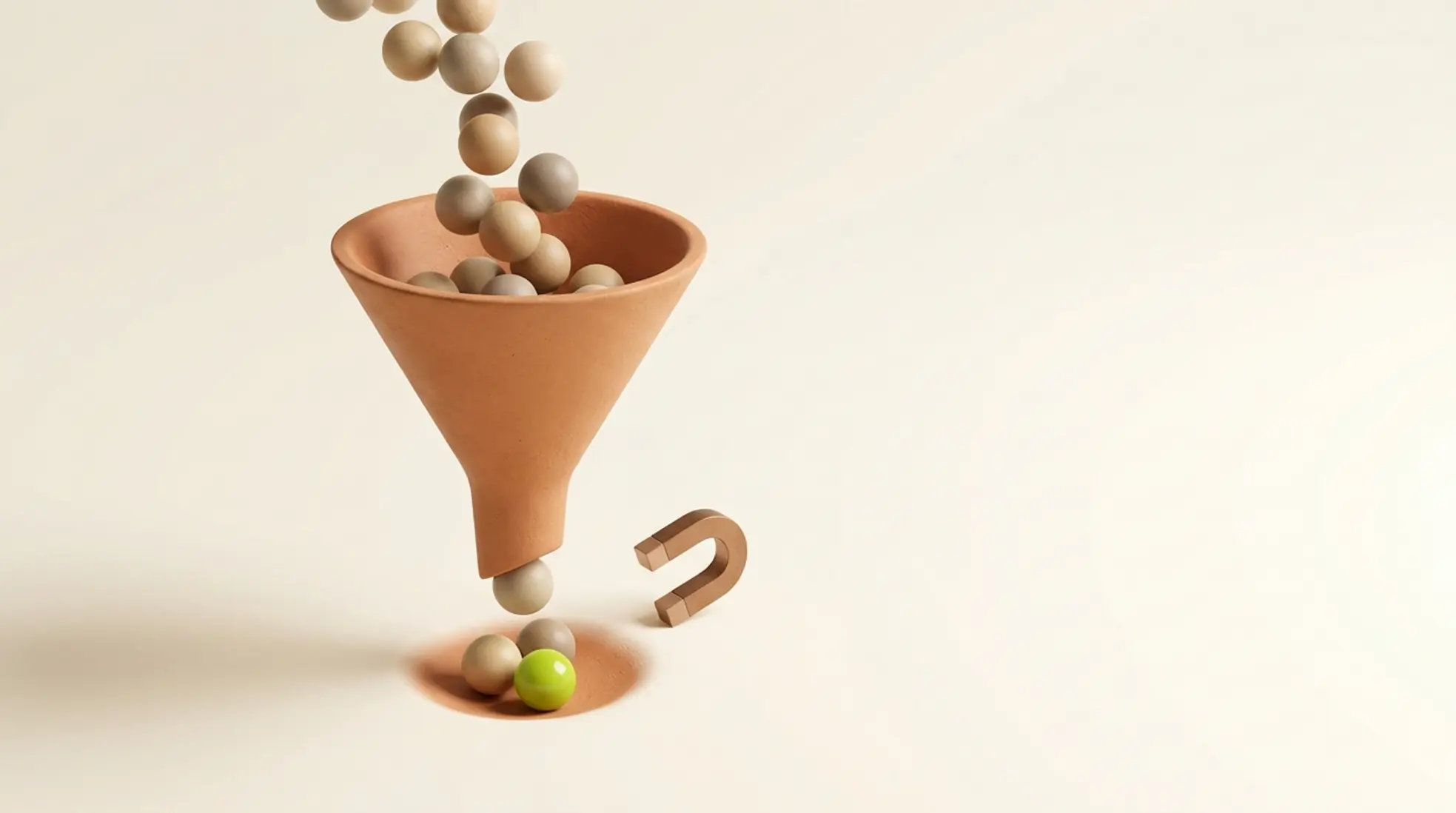 3D trechter van klei met knikkers, één felgroene valt op, symboliseert selectieproces met subtiele magneet op lichte achtergrond