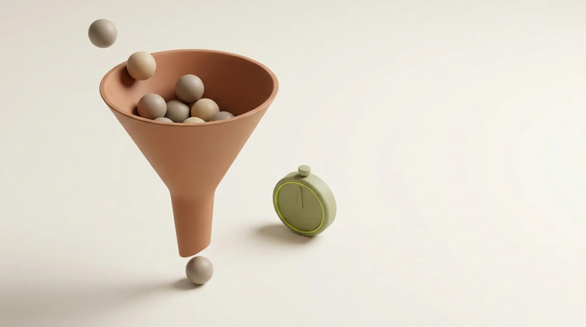 3D render van matte trechter met knikkers die bovenin binnenkomen en één onderaan uitgaat naast kleine stopwatch op lichte achtergrond