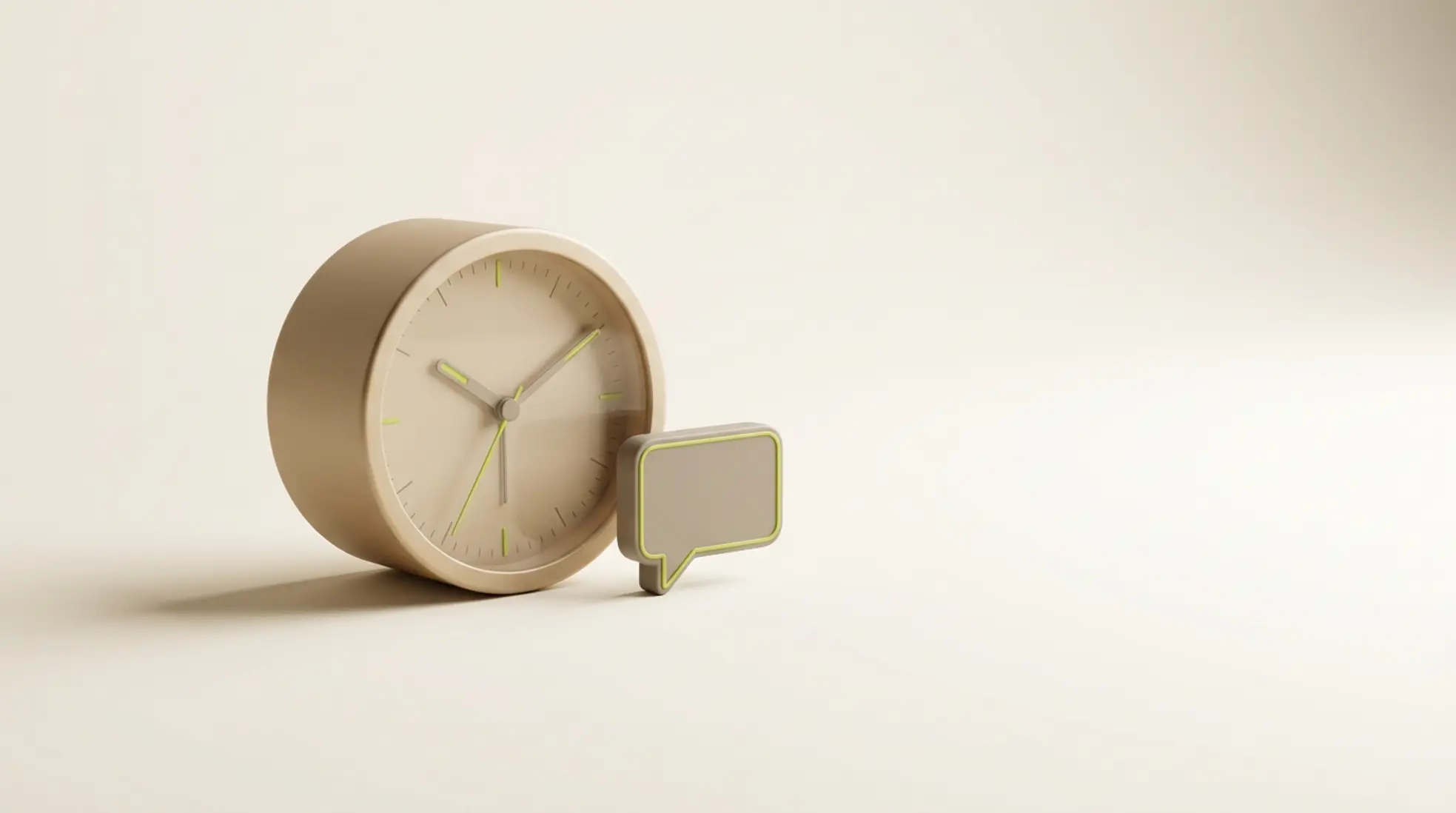 Minimalistische matte zandkleurige klok met limegroene accenten en een chatbubble in warme grijs tint, op een rustige off-white achtergrond.