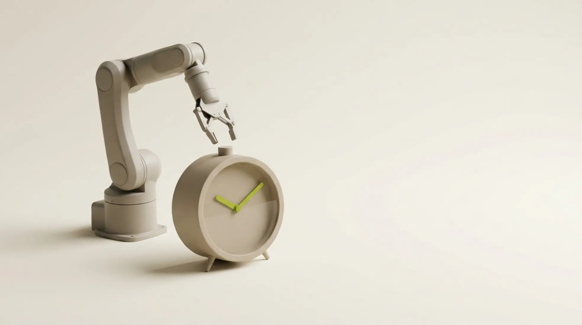 Matte robotarm in warm lichtgrijs zweeft boven klassieke analoge wekker in zandtone met lime groene accent, symboliseert AI-ondersteunde timing in werving.