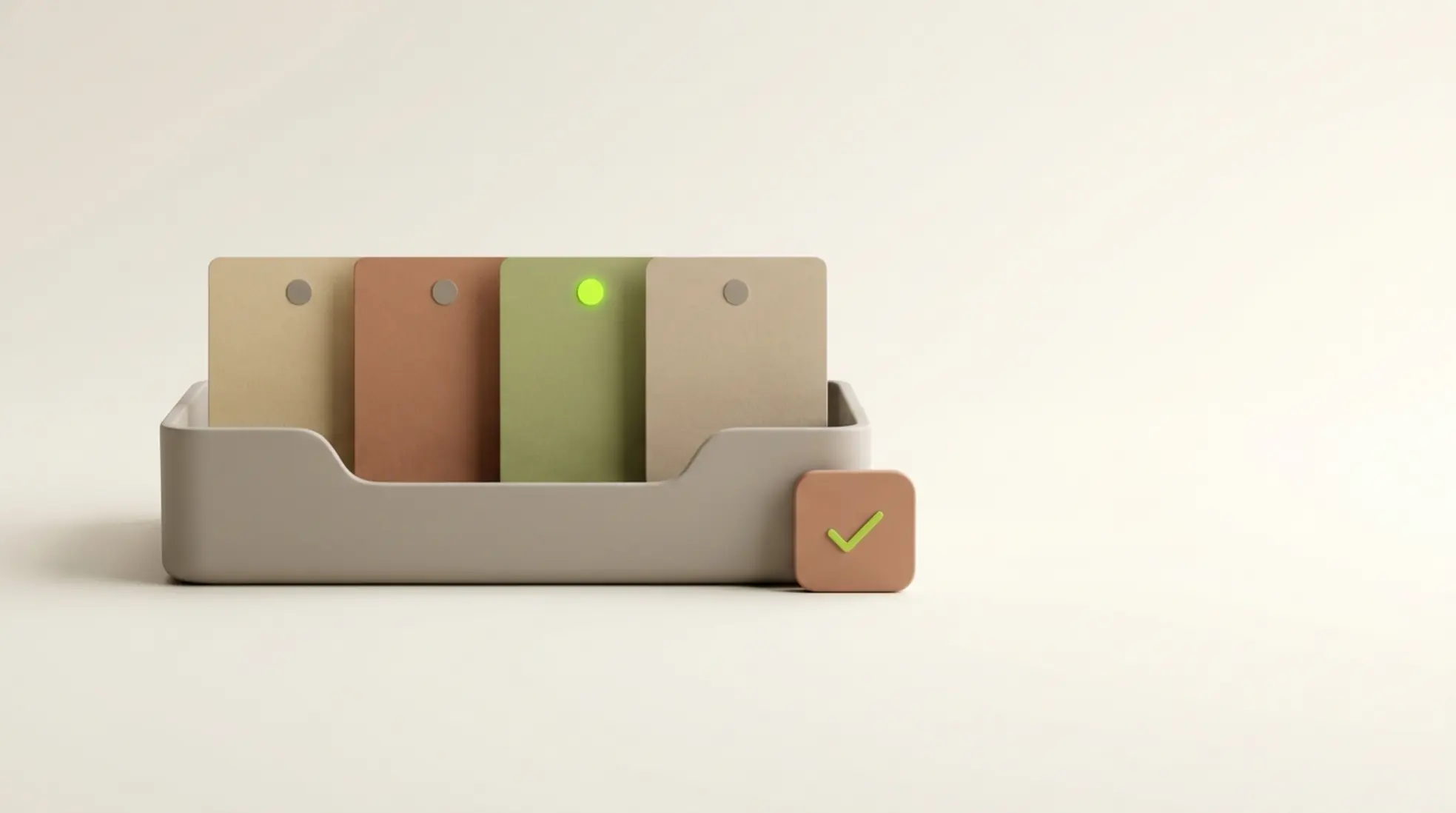 Stijlvolle inbox tray met vier berichtencards in aardetinten en een kalendertegel, allemaal met zachte afgeronde hoeken en matte afwerking.
