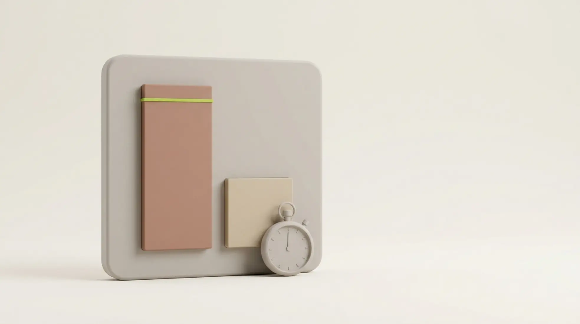 Minimalistisch 3D-dashboard met twee verticale staafdiagrammen in warme tinten, met een stopwatch voor tijdsmeting en een schone, zachte afwerking.