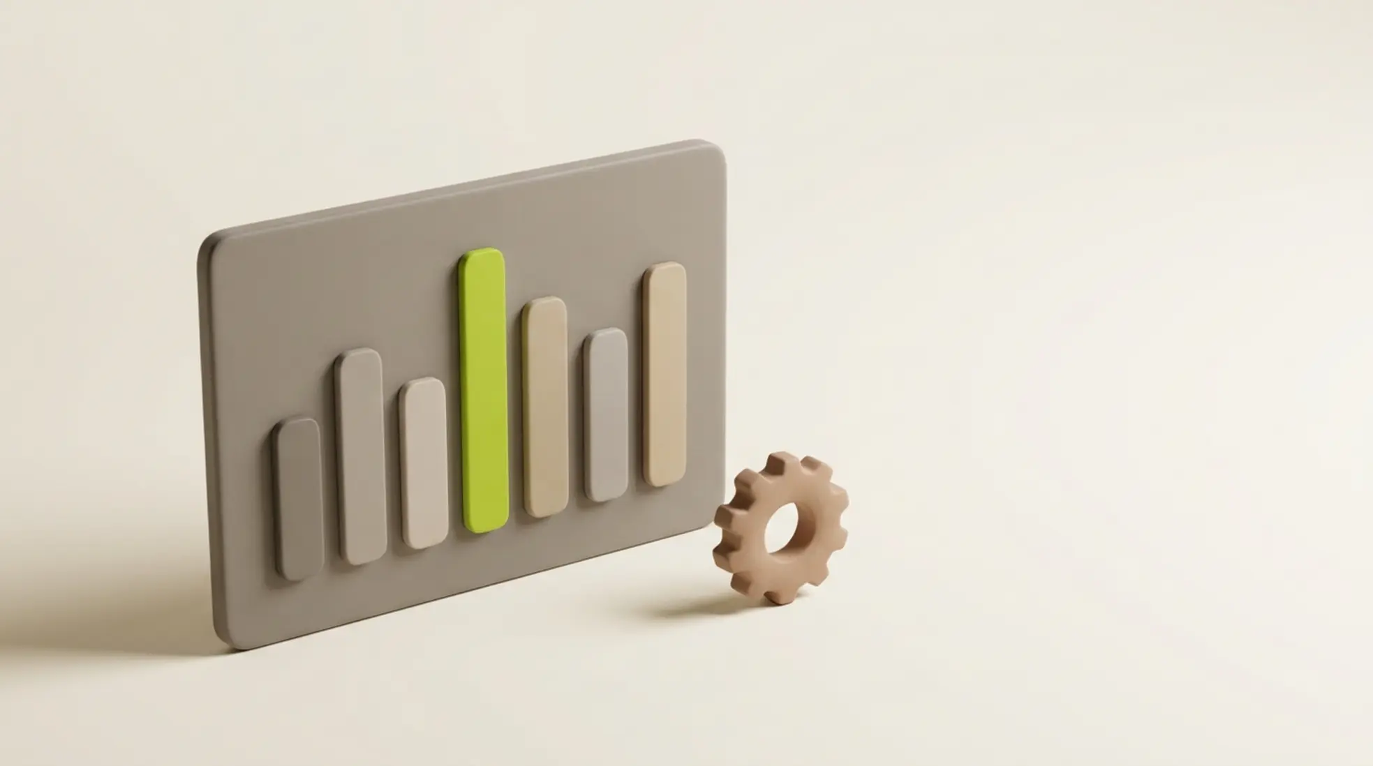 Minimalistisch wervingsanalyses dashboard met verticale balken in zachte tinten en een groene balk. Matte klei tandwiel als ondersteunend element.