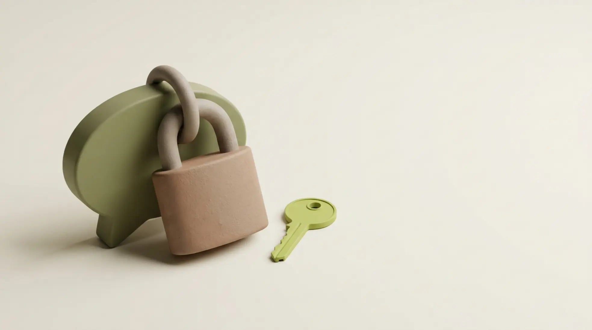 Matte klei-grijze hangslot om een olijfgroene chatbubble, met een limoen-groene sleutel ernaast, tegen een zachte crèmekleurige achtergrond.