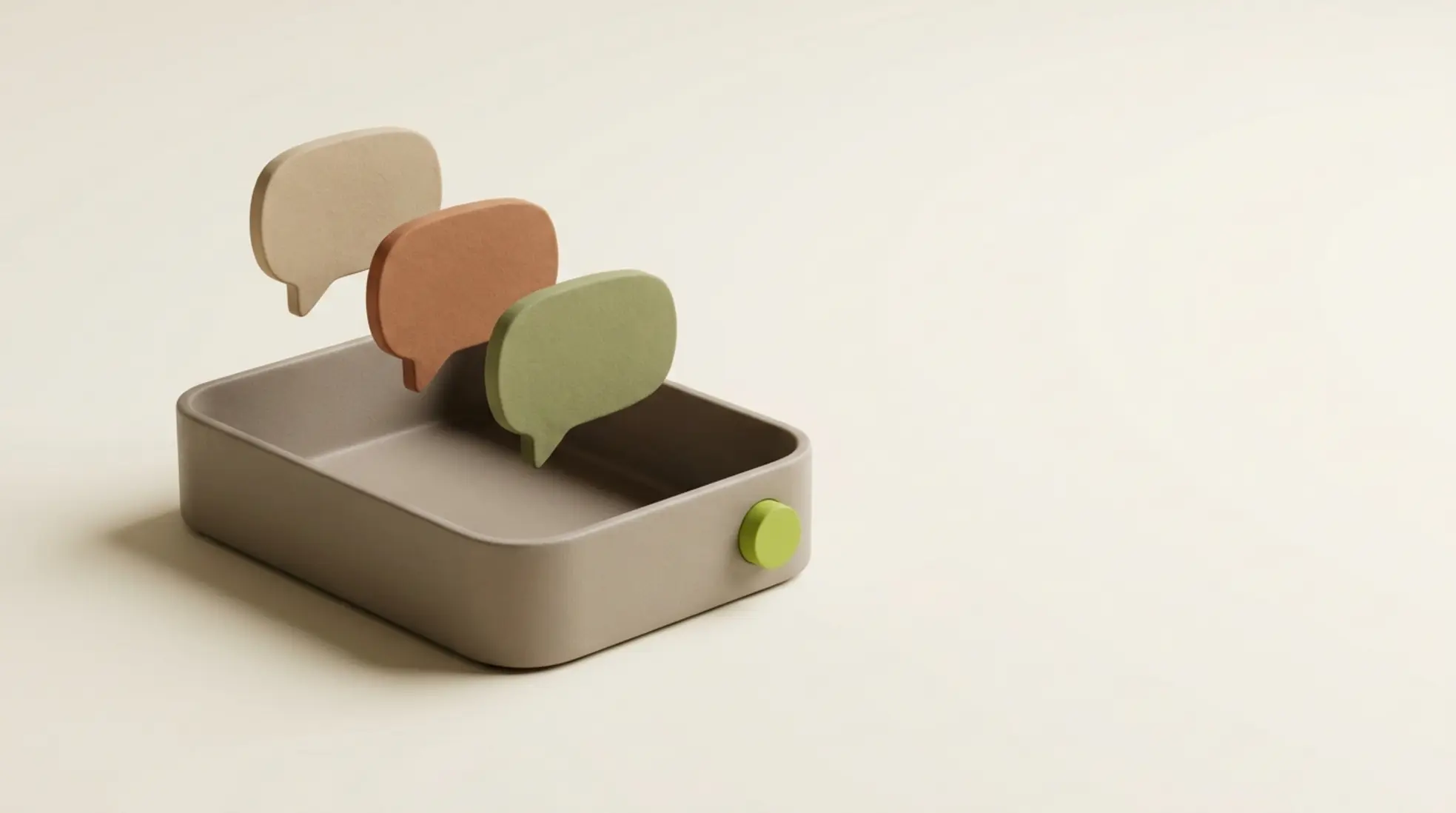 Een 3D-render van een warme-grijze inbox met aardetint chatbellen en een groene statusmarker, op een warme crème achtergrond.