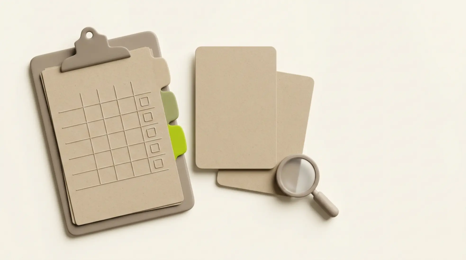 3D render van een recruitment scorecard met een clipboard, kandidaatprofielen en een vergrootglas op een warme, neutrale achtergrond.