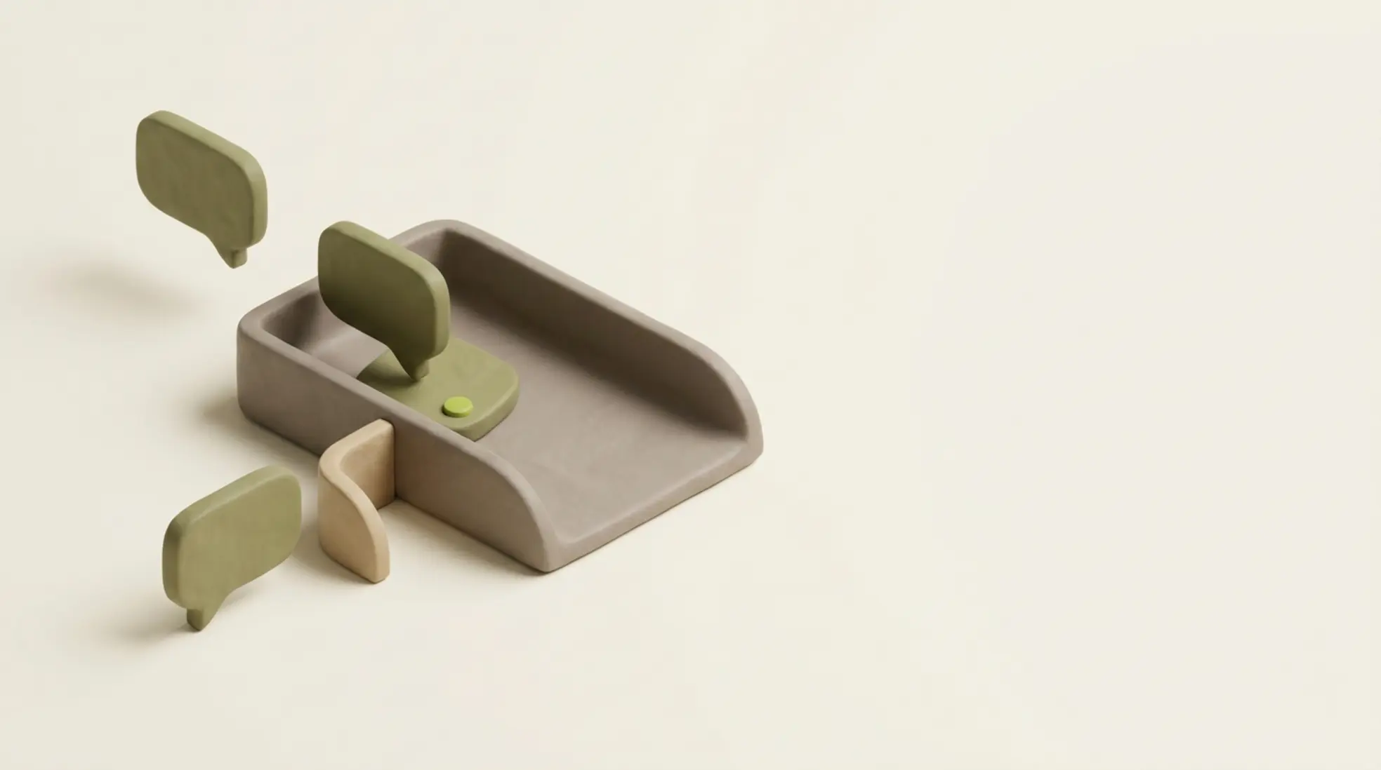3D render van een matte inbox tray in warm grijs met olijfgroene chatbellen, die duplicate kandidaten preventief scheidt in een zachte omgeving.