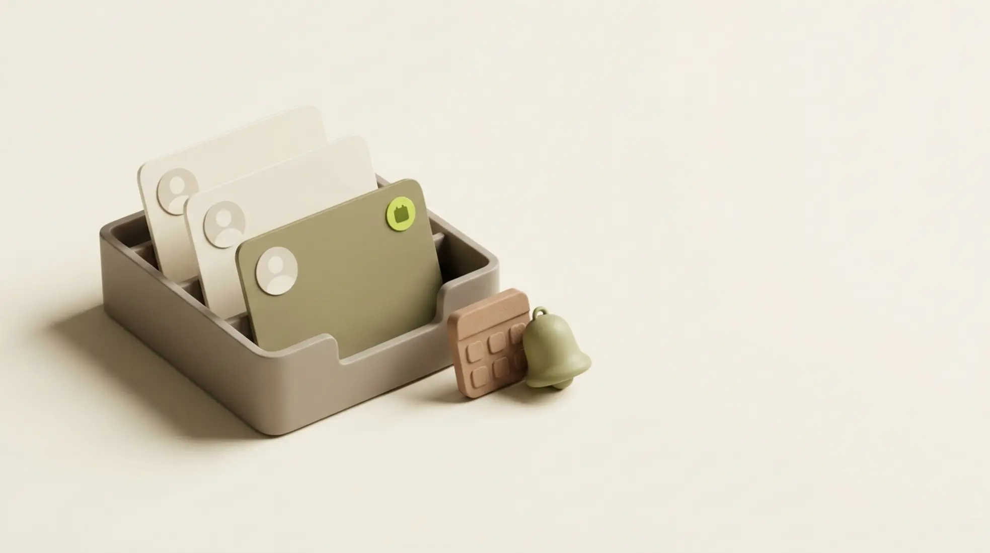 3D render van een wervings CRM inbox met contactkaarten en een kalender, geplaatst op een warme achtergrond, gericht op kandidatenorganisatie.