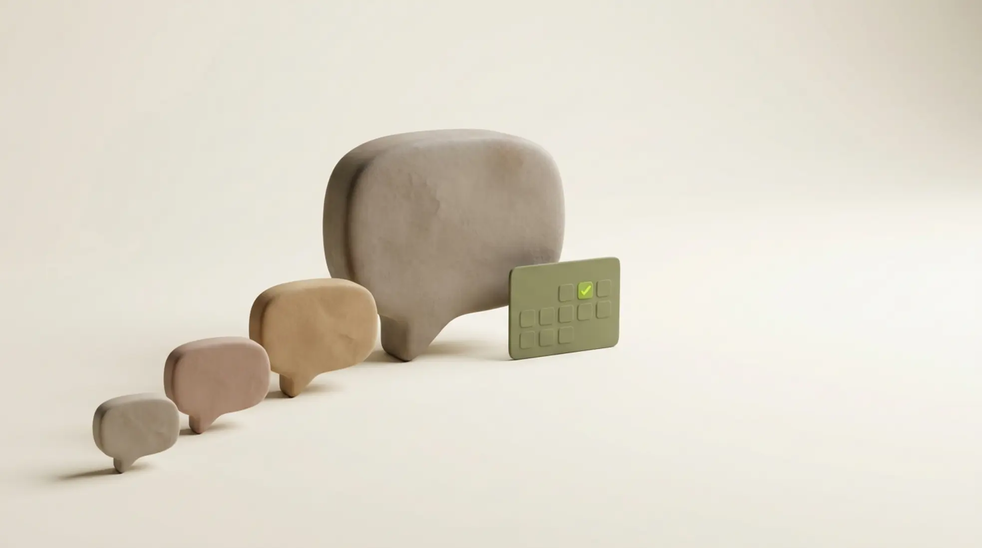 Een panoramisch 3D-render van chatbubbels die LinkedIn-uitwisseling visualiseren, met een warme, minimalistische achtergrond en zachte schaduwen.