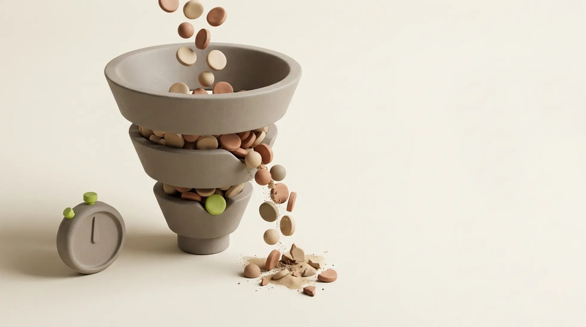 Een 3D-render van een recruitment funnel met kandidaat tokens, stopwatch en een warme achtergrond, gericht op processen en tijd.
