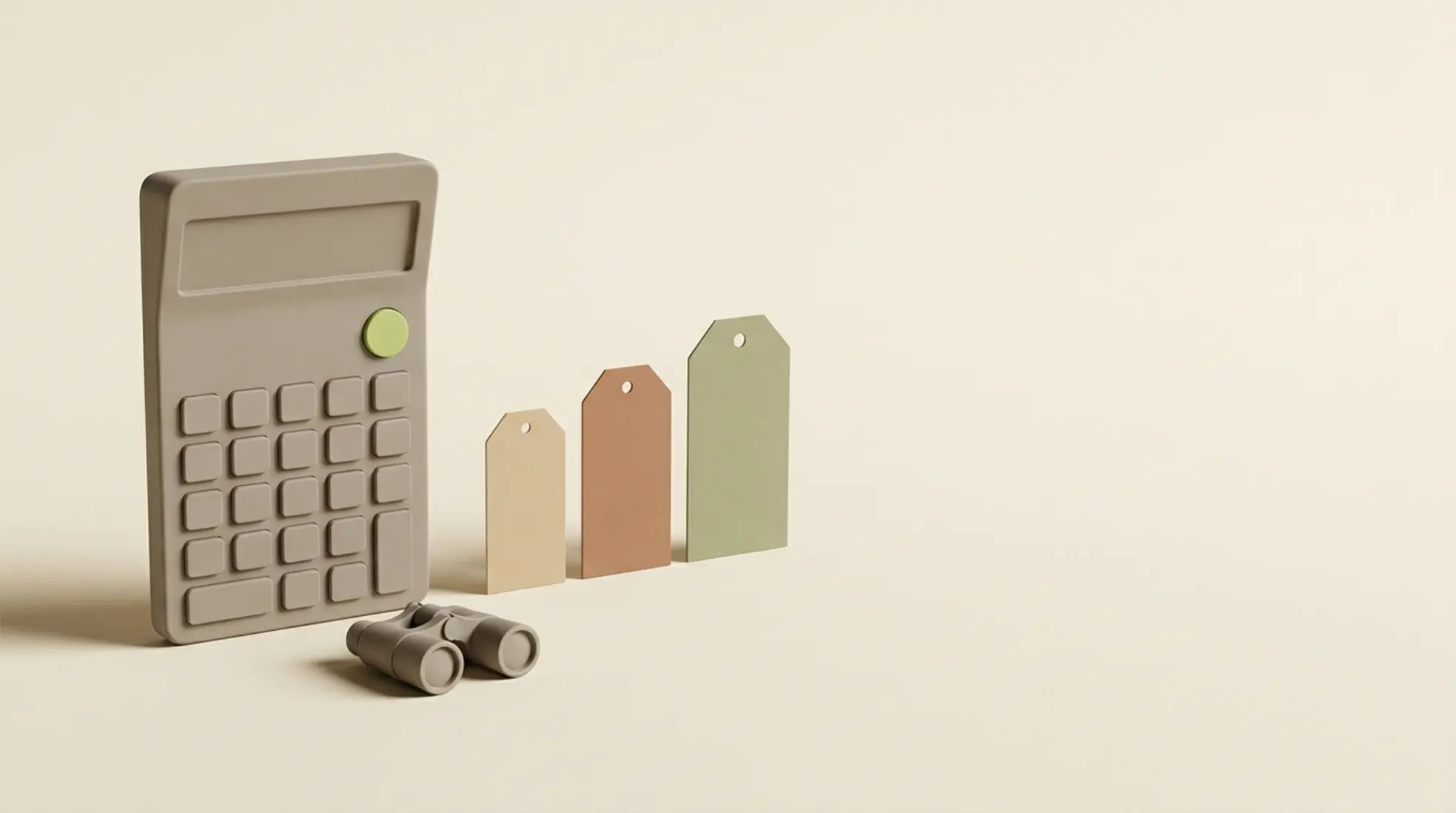 3D render van een calculator en prijskaartjes op een neutrale achtergrond, bedoeld voor een artikel over LinkedIn Sales Navigator abonnementen.