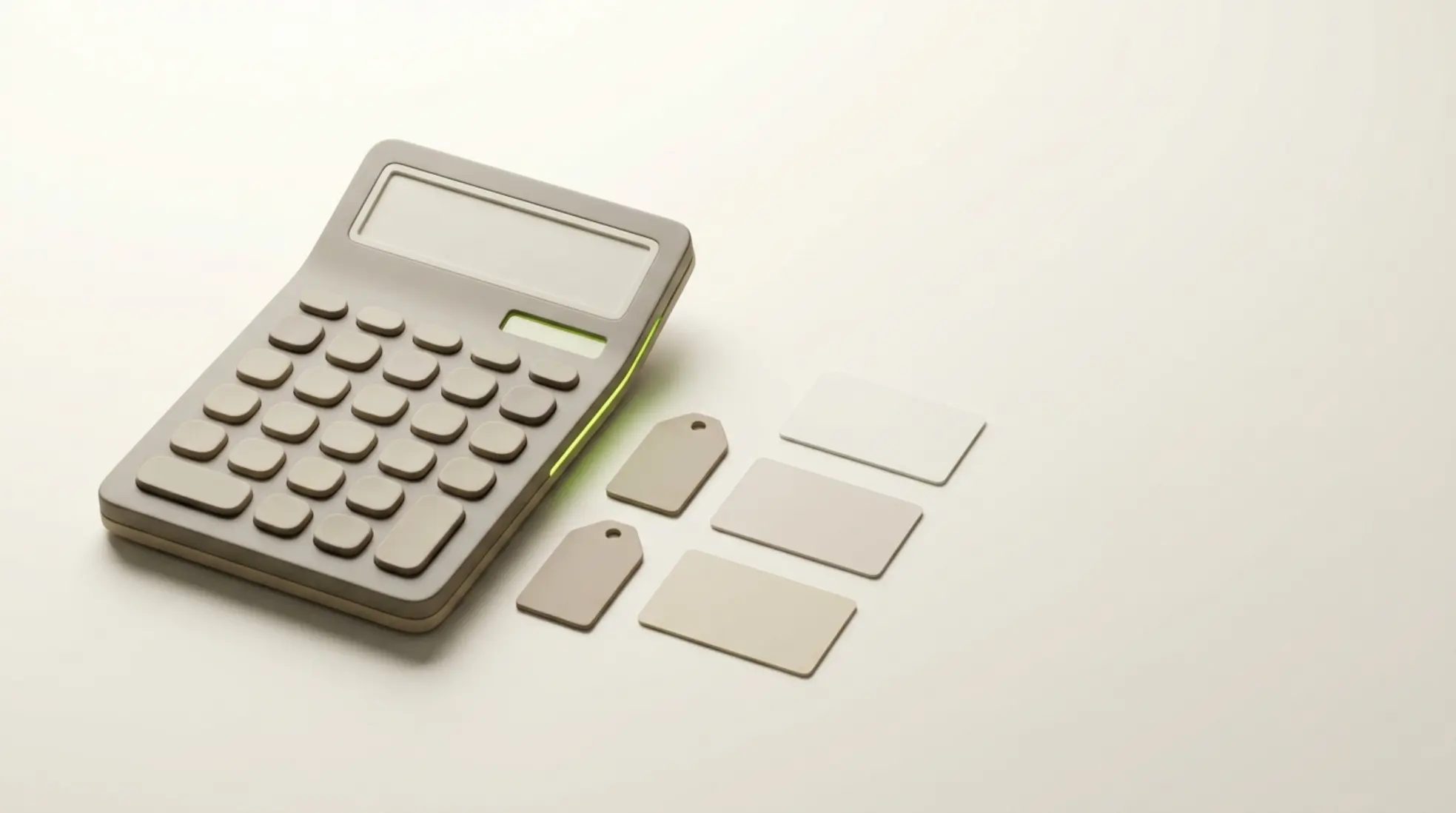 Een panoramisch beeld van een grote matte calculator in warme tinten, met lege toetsen en prijslabels voor teamleden op een lichte achtergrond.