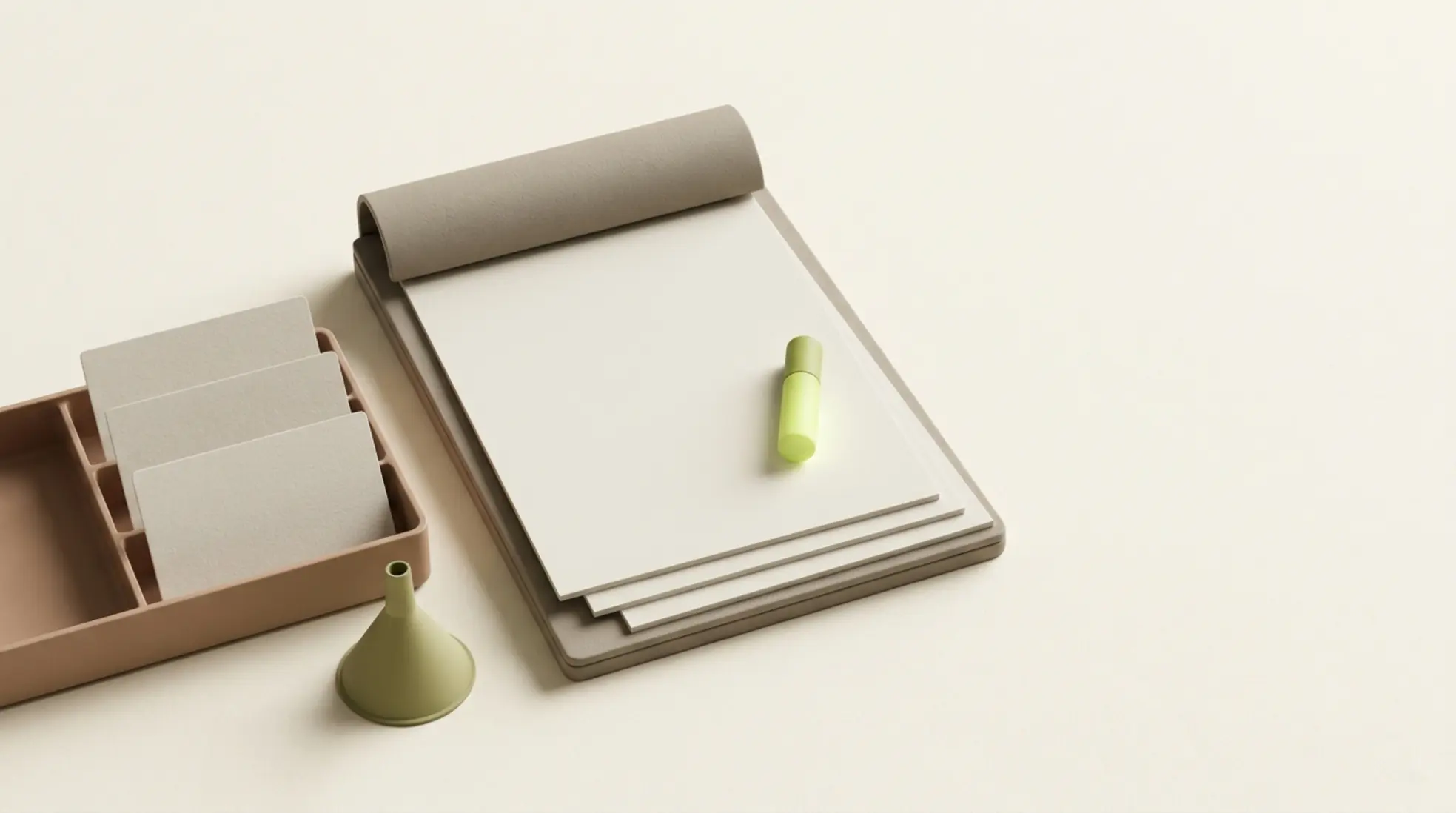 Panoramische 3D-render van een zakelijke LinkedIn-recruitmentstrategie met een matte kalender en een inboxtray in aardetinten.