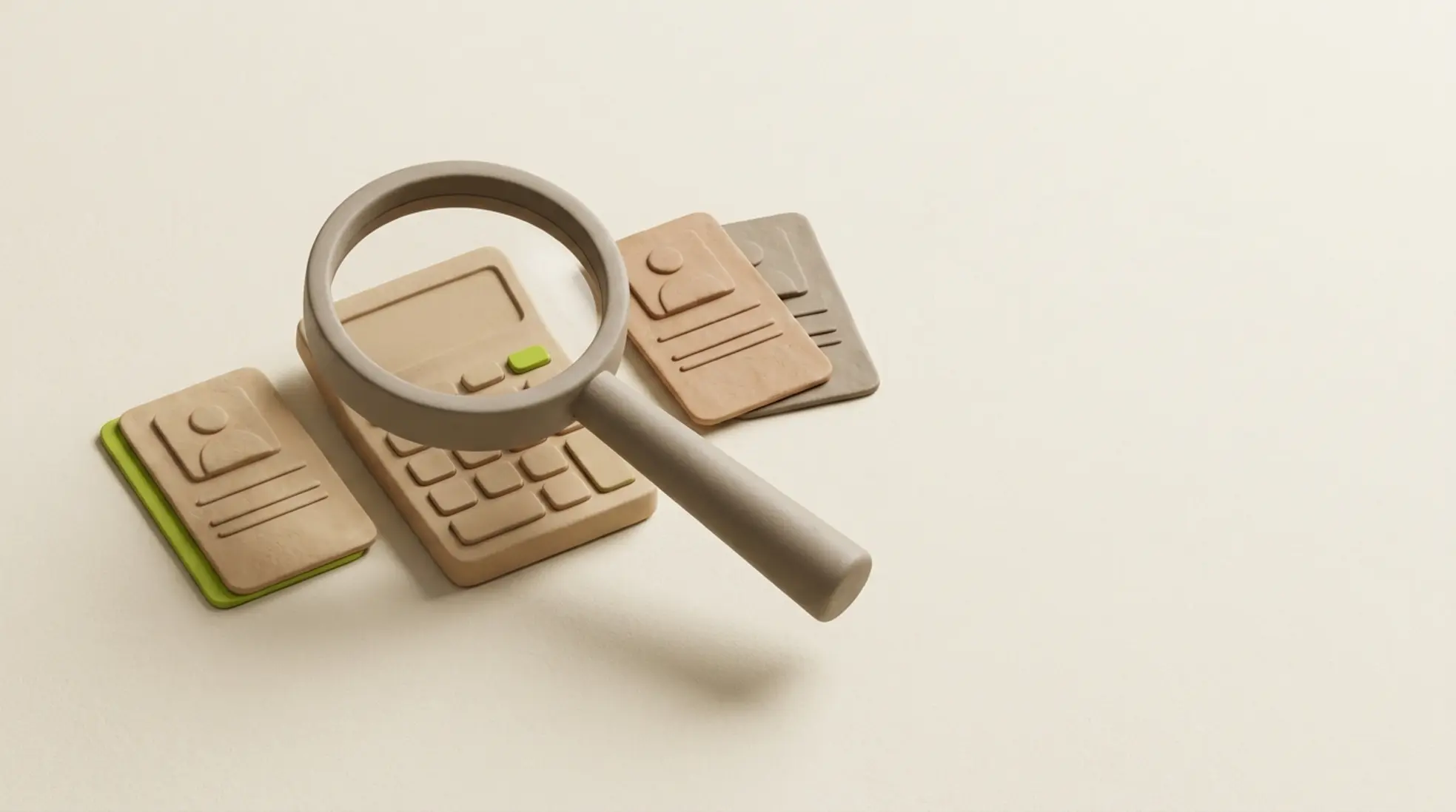 3D render van een vergrootglas op een calculator met kandidaatprofiels, in aardetinten op een lichte achtergrond, voor financiële wervingsdoeleinden.