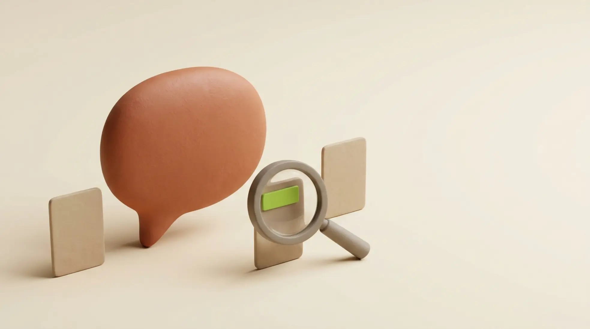 3D render van een matte klei spraakbel met naastliggende lege kandidaatkaarten en een vergrootglas, op een warme achtergrond.