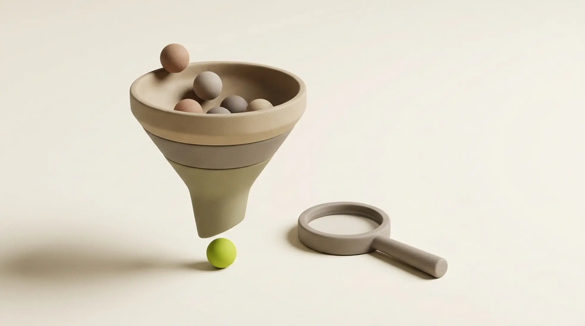 3D render van een recruitment funnel met kandidatenmarkers in aardetinten en een vergrootglas, tegen een warme off-white achtergrond.