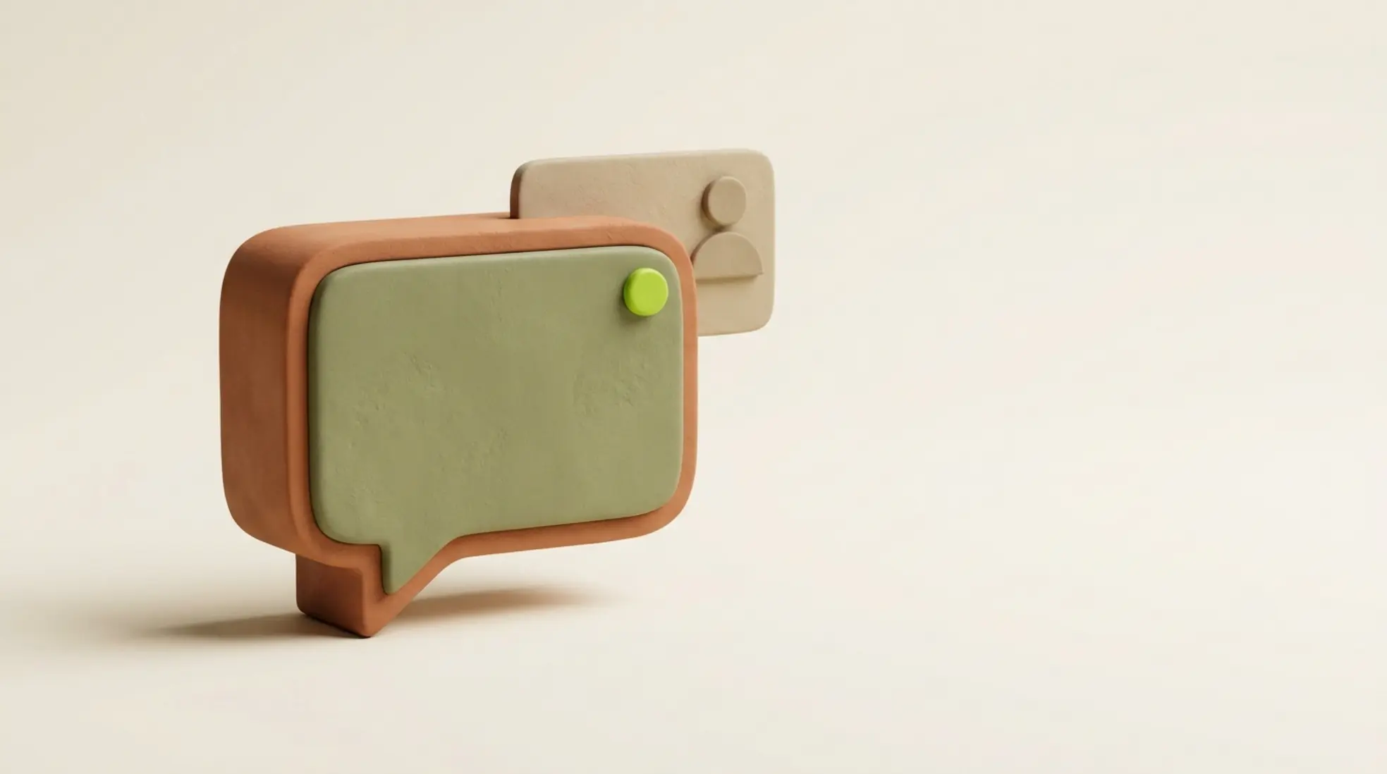 Een matte keramische chatbubble op een warm off-white achtergrond, met een profielkaart en een lime-groene notificatiepunt.
