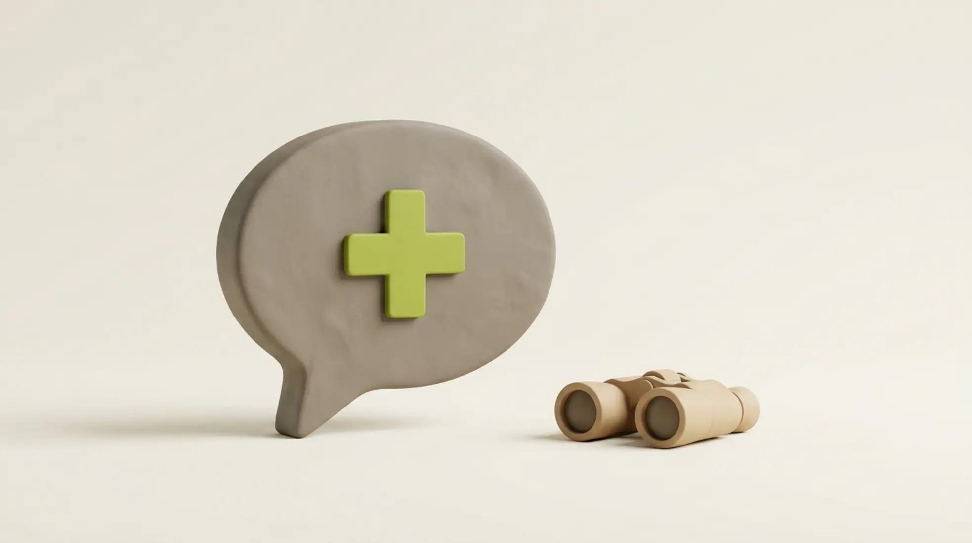 Minimalistische afbeelding van een grote matte chatbubble met een medische kruisteken en een paar zandkleurige verrekijkers op een neutrale achtergrond.