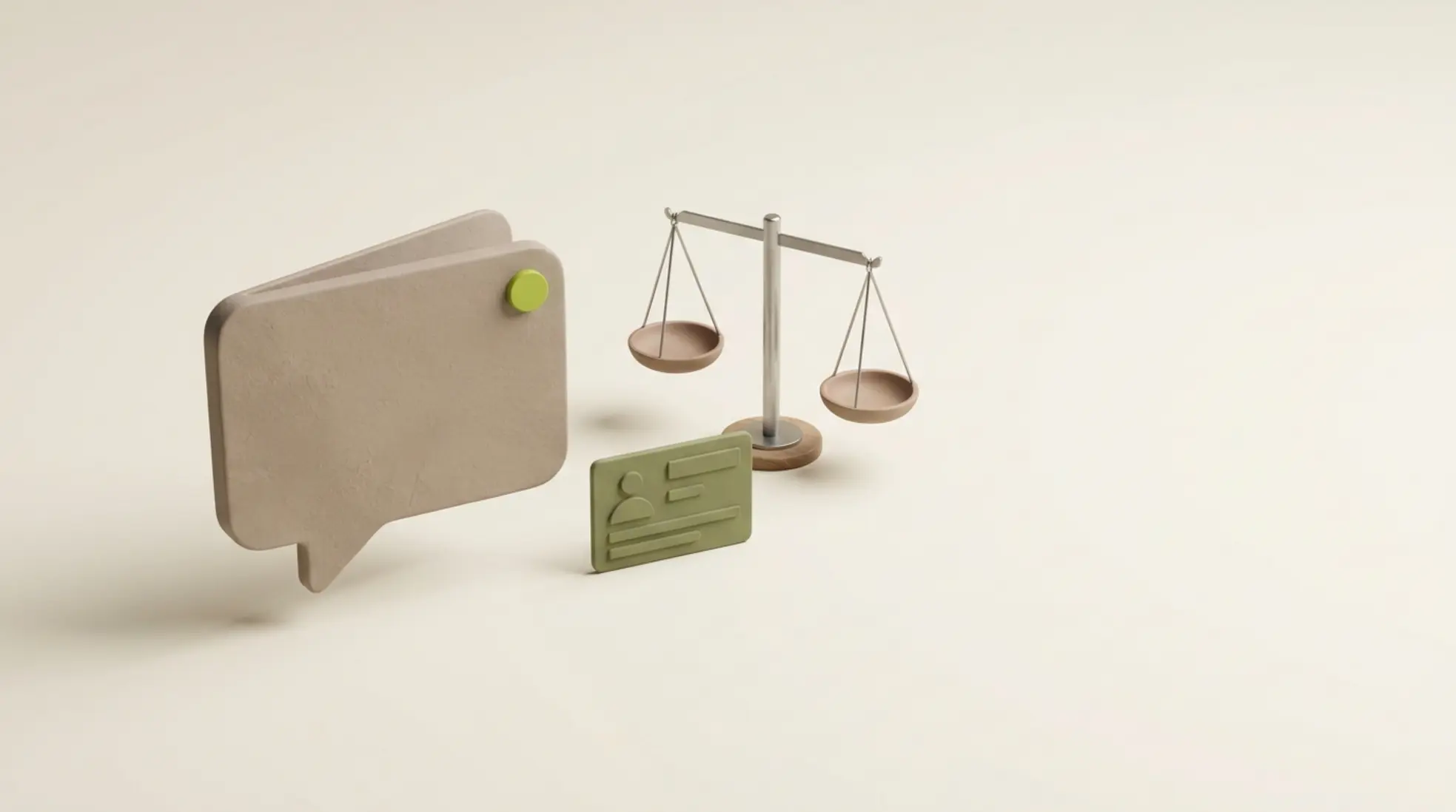 3D render van een matte klei-grijze spreekbubble met een recruitmentkaart en een balansschaal, op een warme off-white achtergrond.