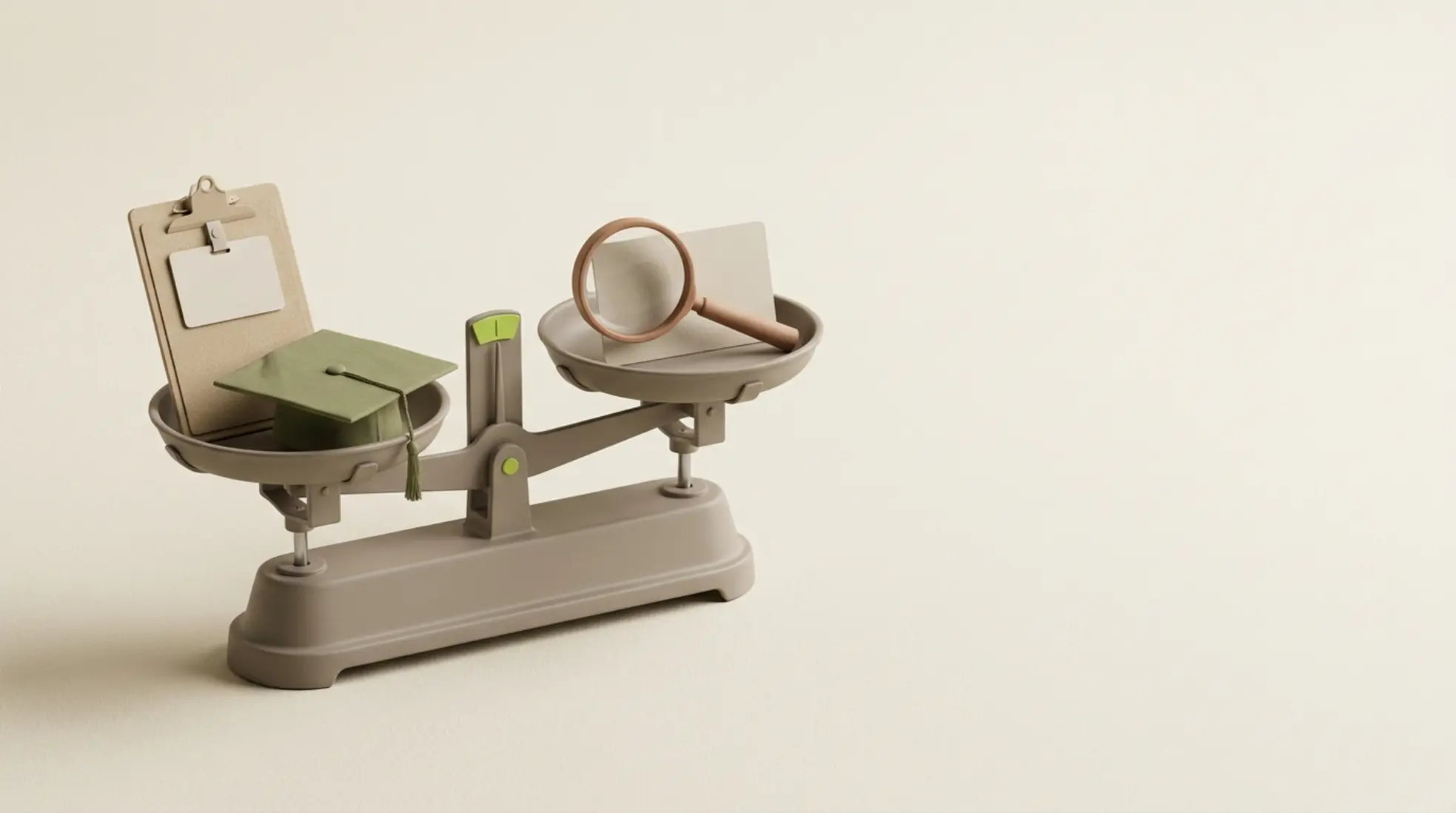 3D render van een warme grijze balansschaal met een trainingsclipboard en ID-badge aan de ene kant, en een vergrootglas met profielkaart aan de andere.
