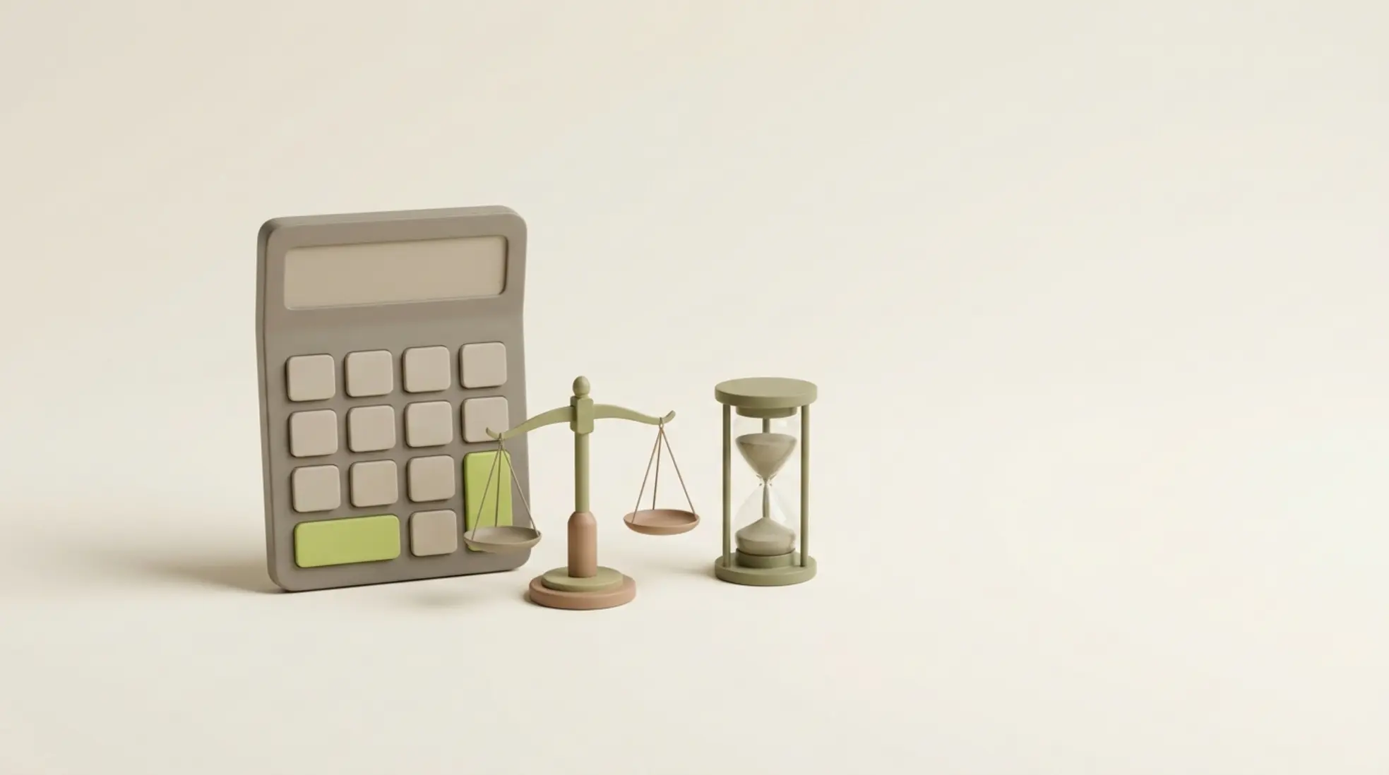 3D render van een grote calculator met lime groene knop, een kleine balansschaal en een zandkleurige zandloper op een zachte off-white achtergrond.