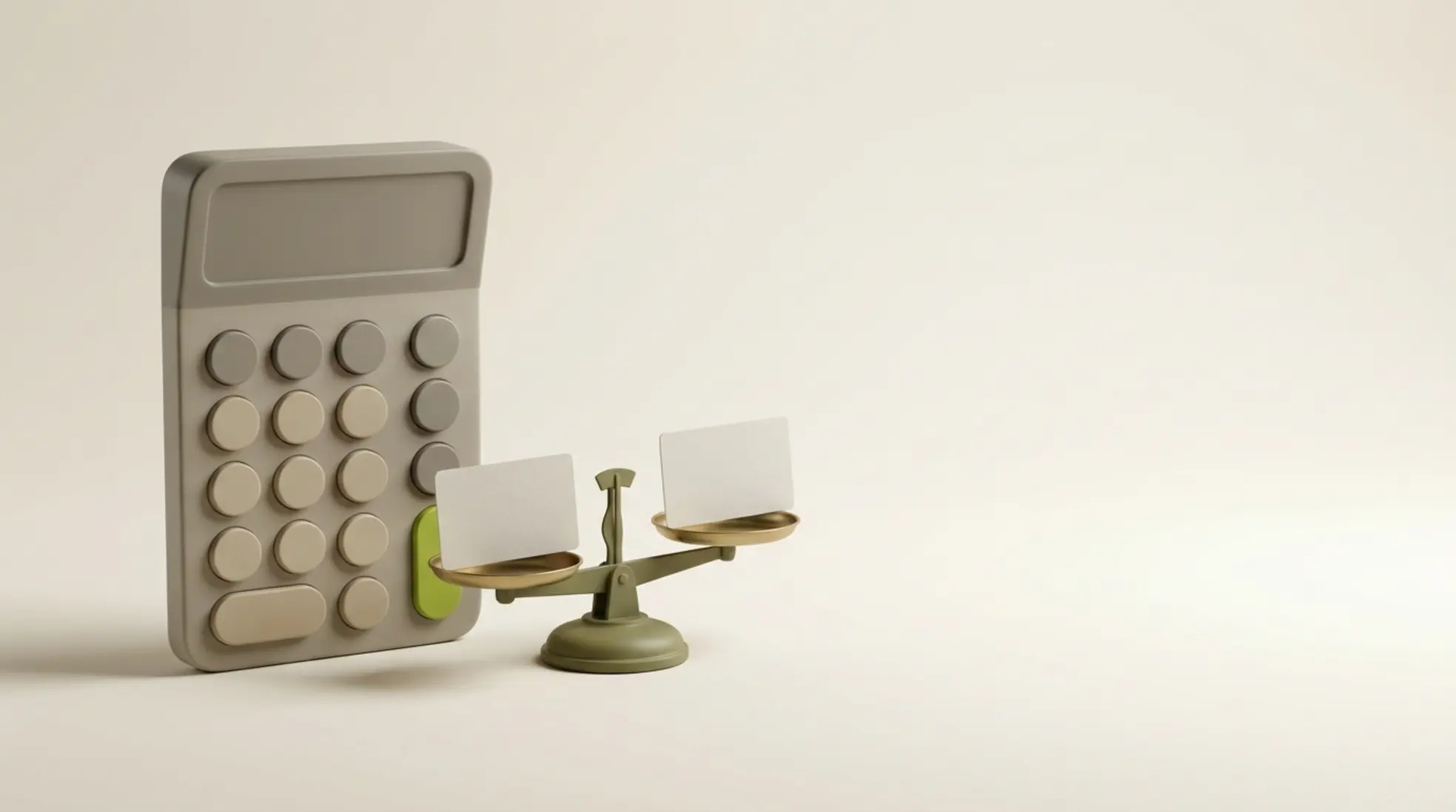 Een matte calculator en een balansschaal met lege kaarten, gepresenteerd op een zachte achtergrond, symboliseren wervingskosten versus interne aanwervingen.