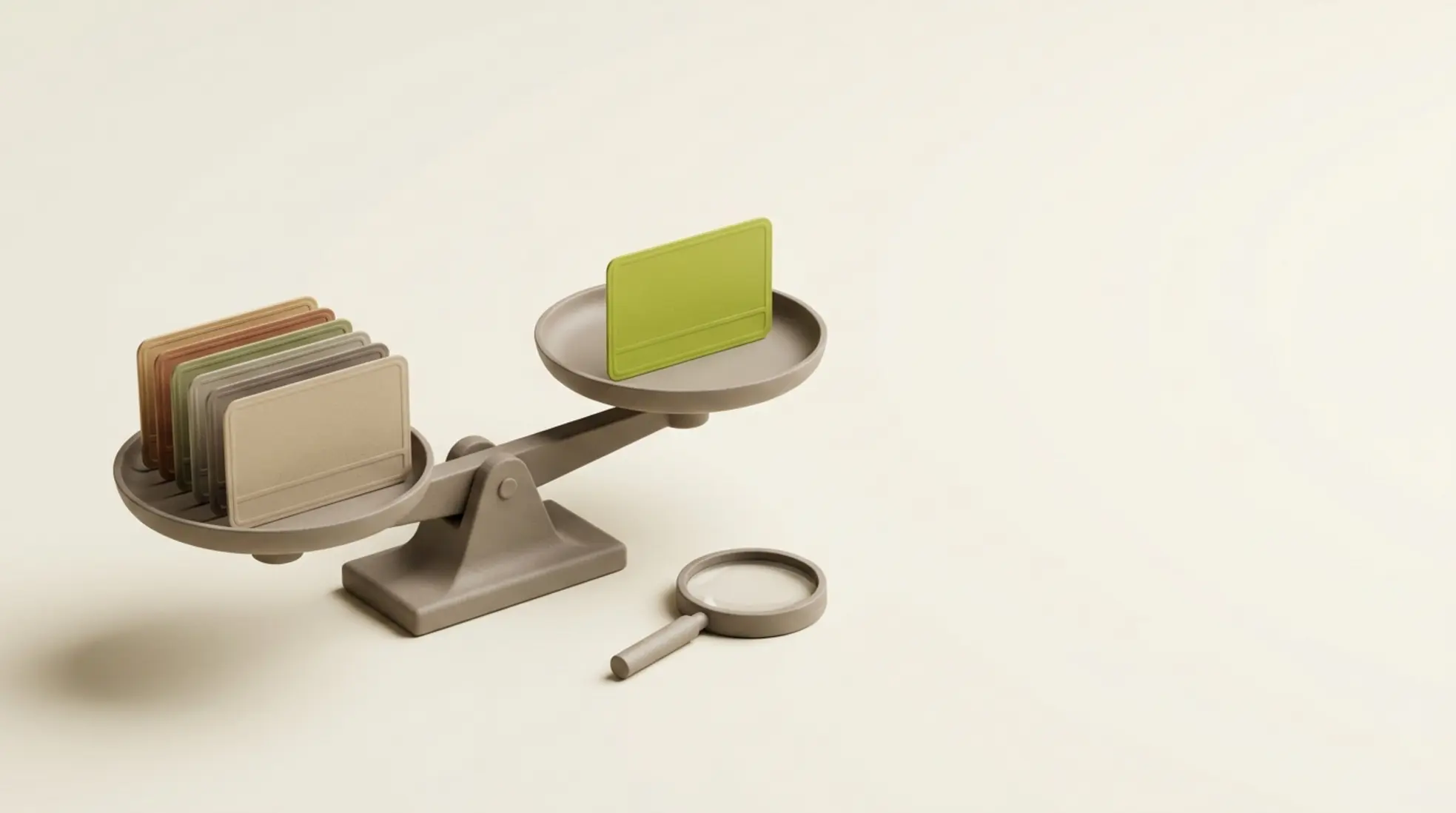 Een matte balansweegschaal met neutrale lidmaatschapskaarten in aardetinten en een limegroene kaart, voor het vergelijken van LinkedIn-abonnementen.