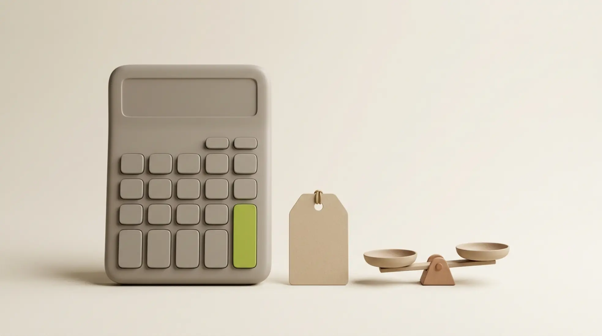 Een grote matte grijs calculator met een groene toets, naast een zandkleurige prijskaart en een matte klei weegschaal, op een off-white achtergrond.