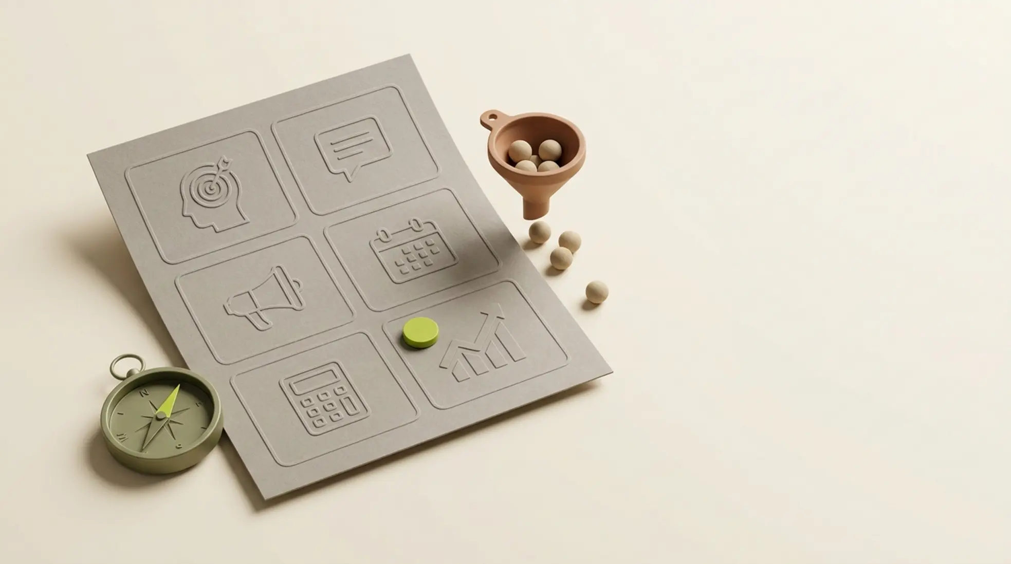 3D render van een wervingsmarketing werkblad met zes secties op een warme crèmekleurige achtergrond, vergezeld van een kompas en een trechter.