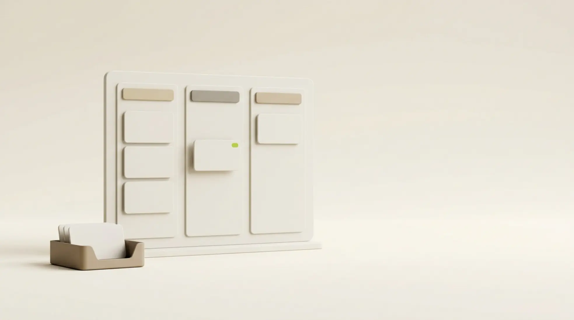 3D render van een recruitment dashboard met kandidaatpijplijn, workflowkolommen en inbox naast een neutrale achtergrond.
