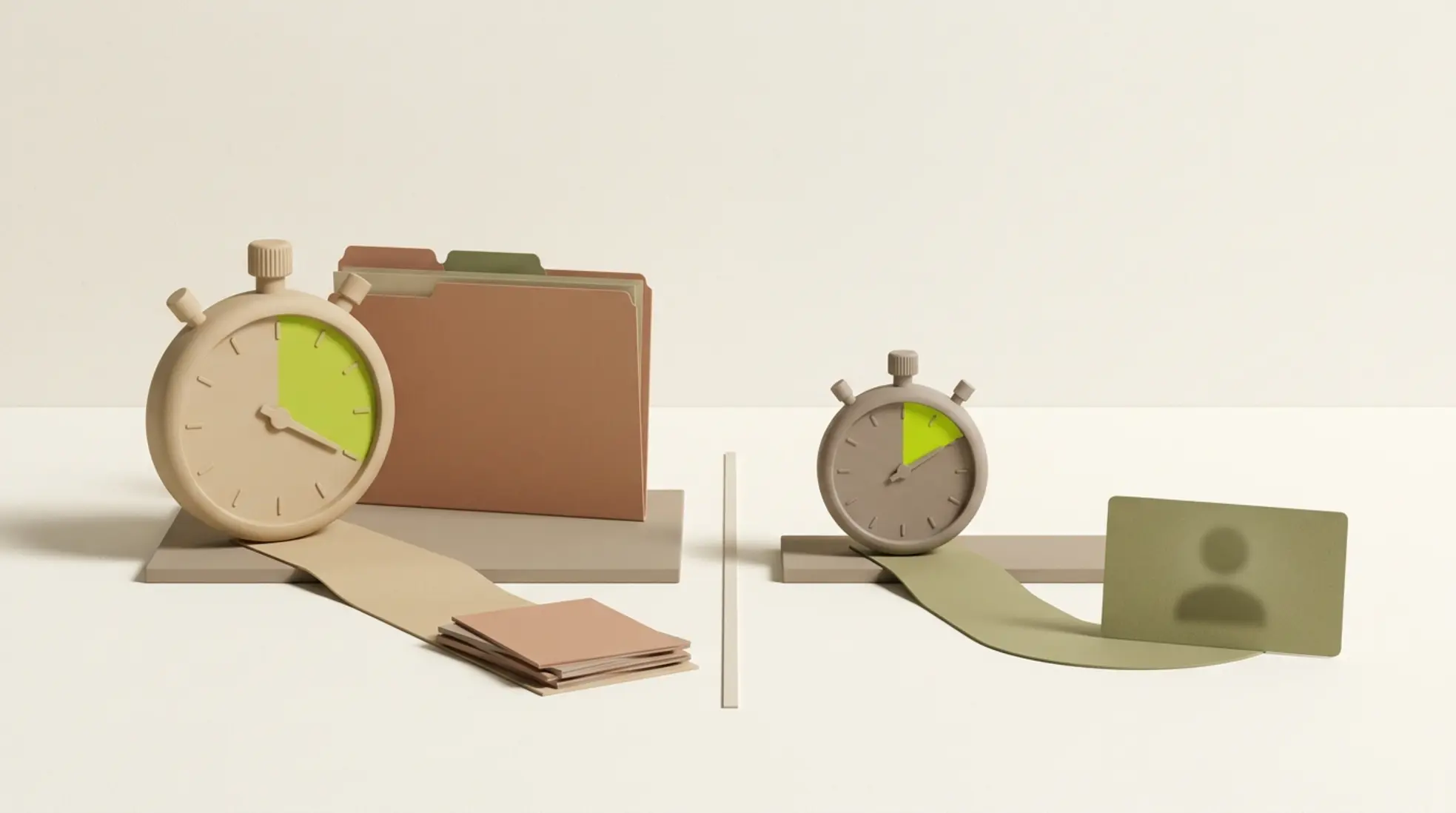 Twee grote matte stopwatches op een warme achtergrond, vergeleken met een vacatureproces en kandidatenprofiel, met subtiele visuele scheiding.