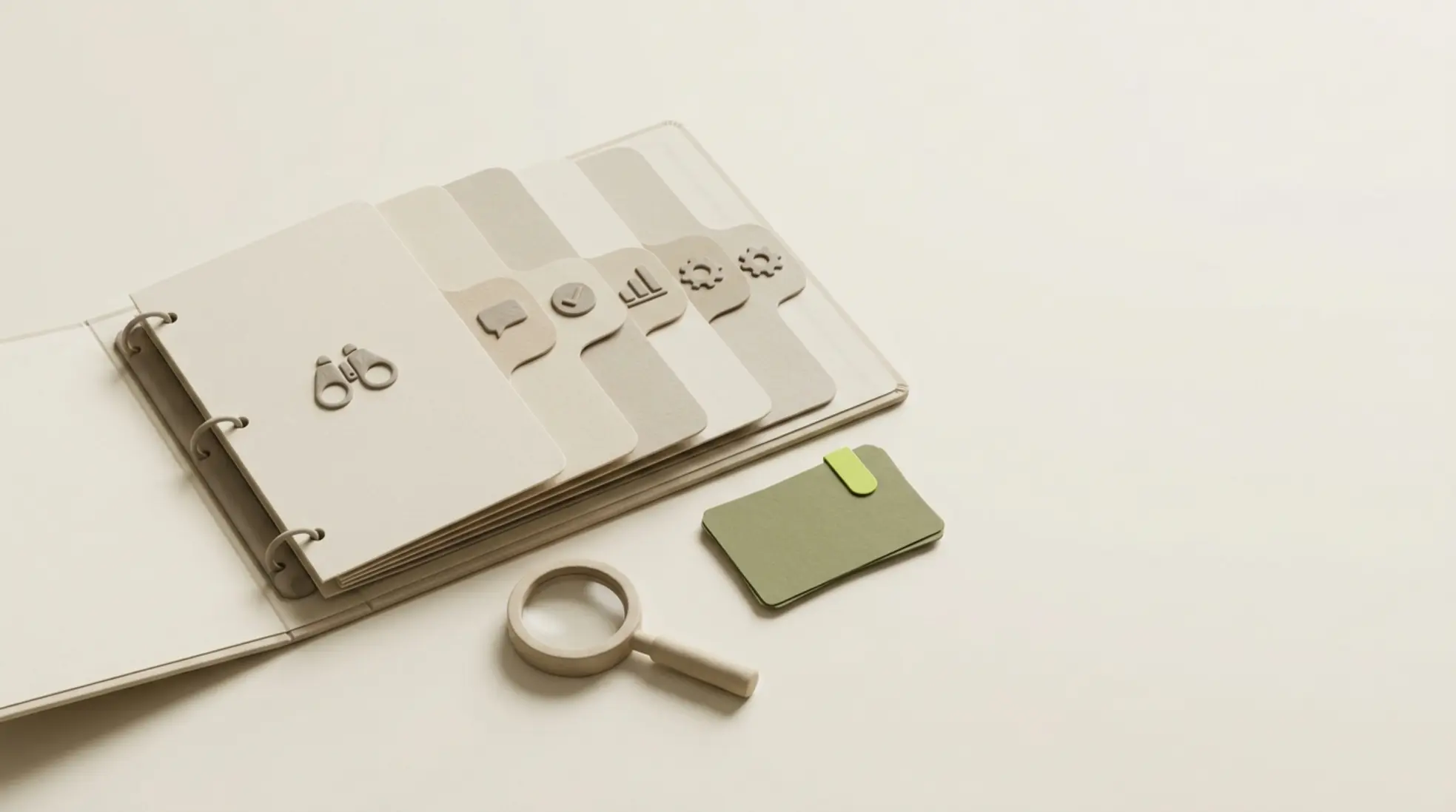 Een 3D-render van een open recruitmentmappen met tactiele tabbladen en pictogrammen, naast een vergrootglas en een kandidatenprofielkaart.