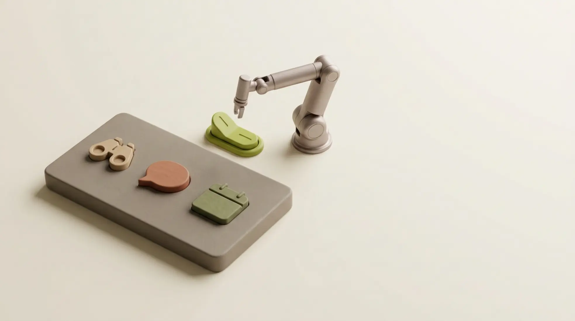 3D render van een recruitmentboard met tactile modules voor kandidaten, een robotarm en een limegroene goedkeuringsschakelaar op een warme achtergrond.