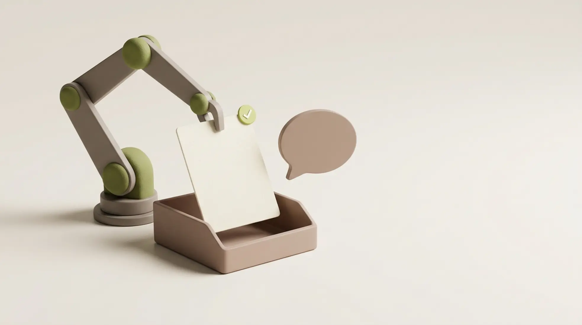 Een robotarm plaatst een blanco recruitmentdocument in een georganiseerde bak, omgeven door een minimalistische, warme achtergrond.