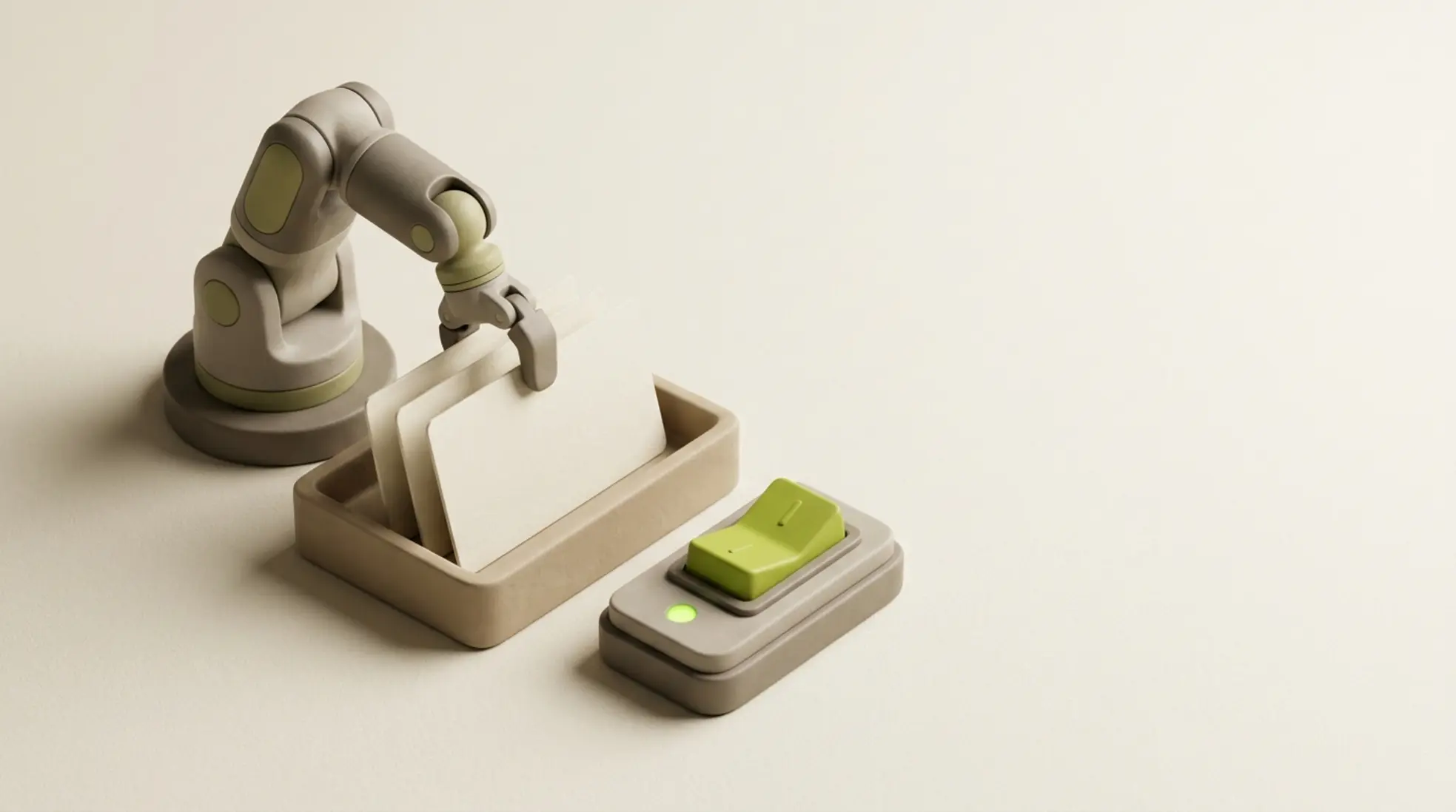 3D render van een robotarm die profielkaarten sorteert in een tray, met een goedkeuringsswitch ernaast, op warme off-witte achtergrond.