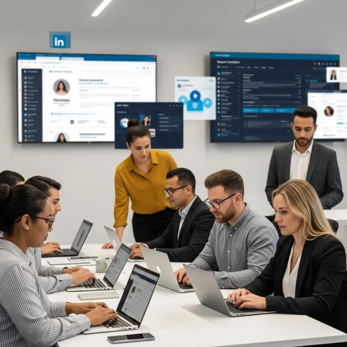 Recruiters werken gefocust met digitale tools in een modern kantoor, slim en efficiënt sourcend.