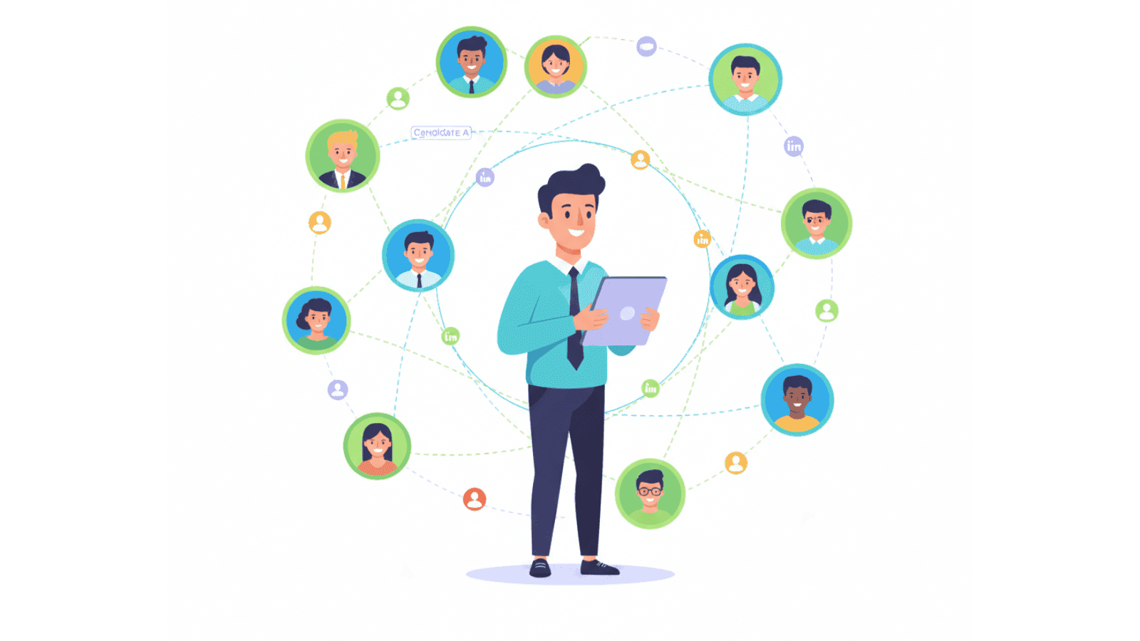 Cartoon van een recruiter in het midden van een netwerk vol verbonden profielfoto’s, symbool voor candidate relationship management en het opbouwen van relaties met kandidaten op LinkedIn.