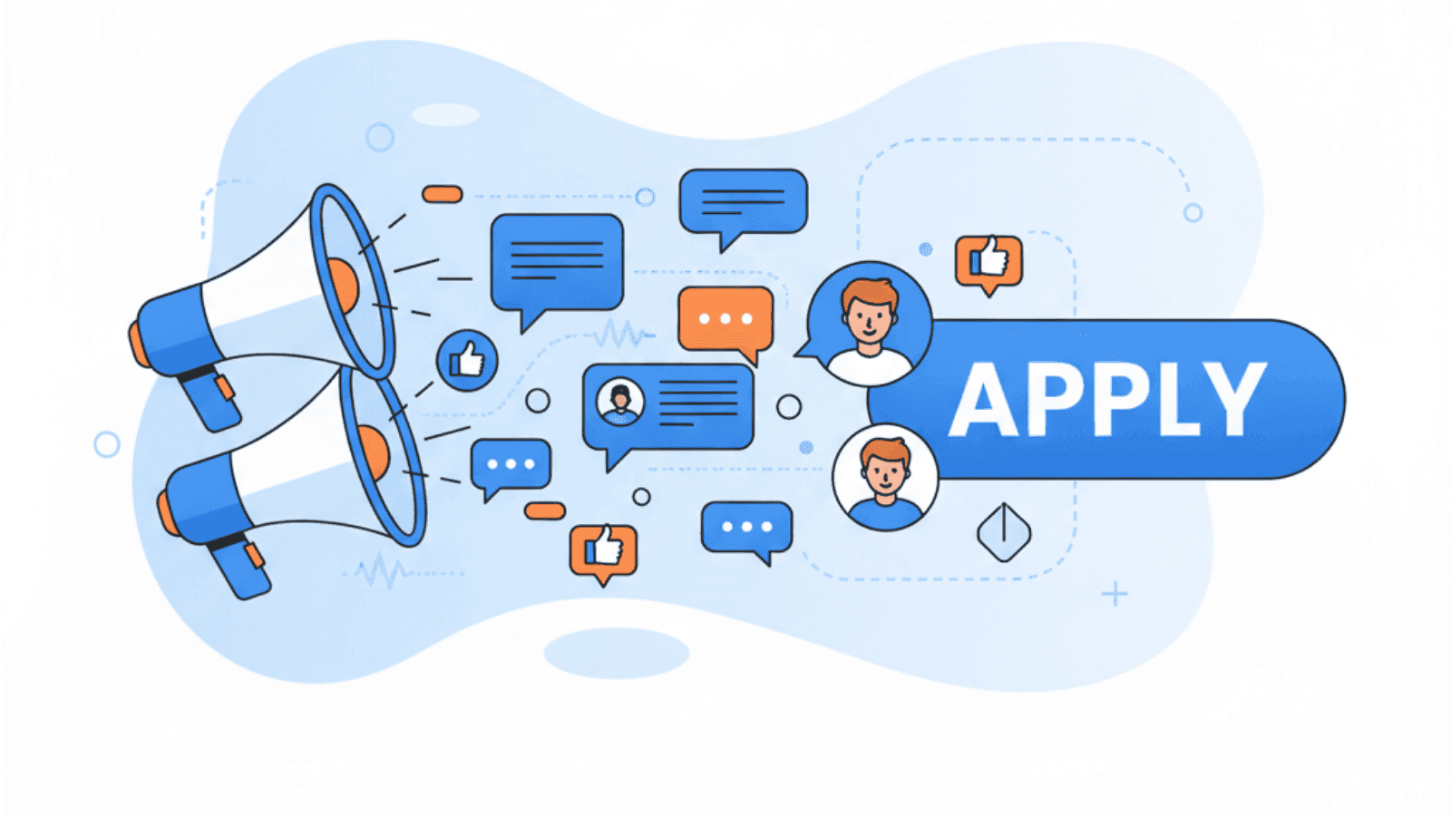 Cartoon van megafonen die berichten verspreiden die veranderen in kandidaten en sollicitaties, symbool voor de werking van recruitment marketing van content naar resultaat.