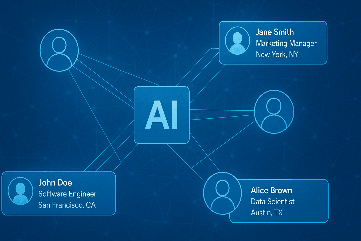 Abstracte visualisatie van AI die berichten personaliseert: profielen verbonden door datalijnen naar korte berichtbubbels met naam, rol en locatie, LinkedIn-blauw thema,